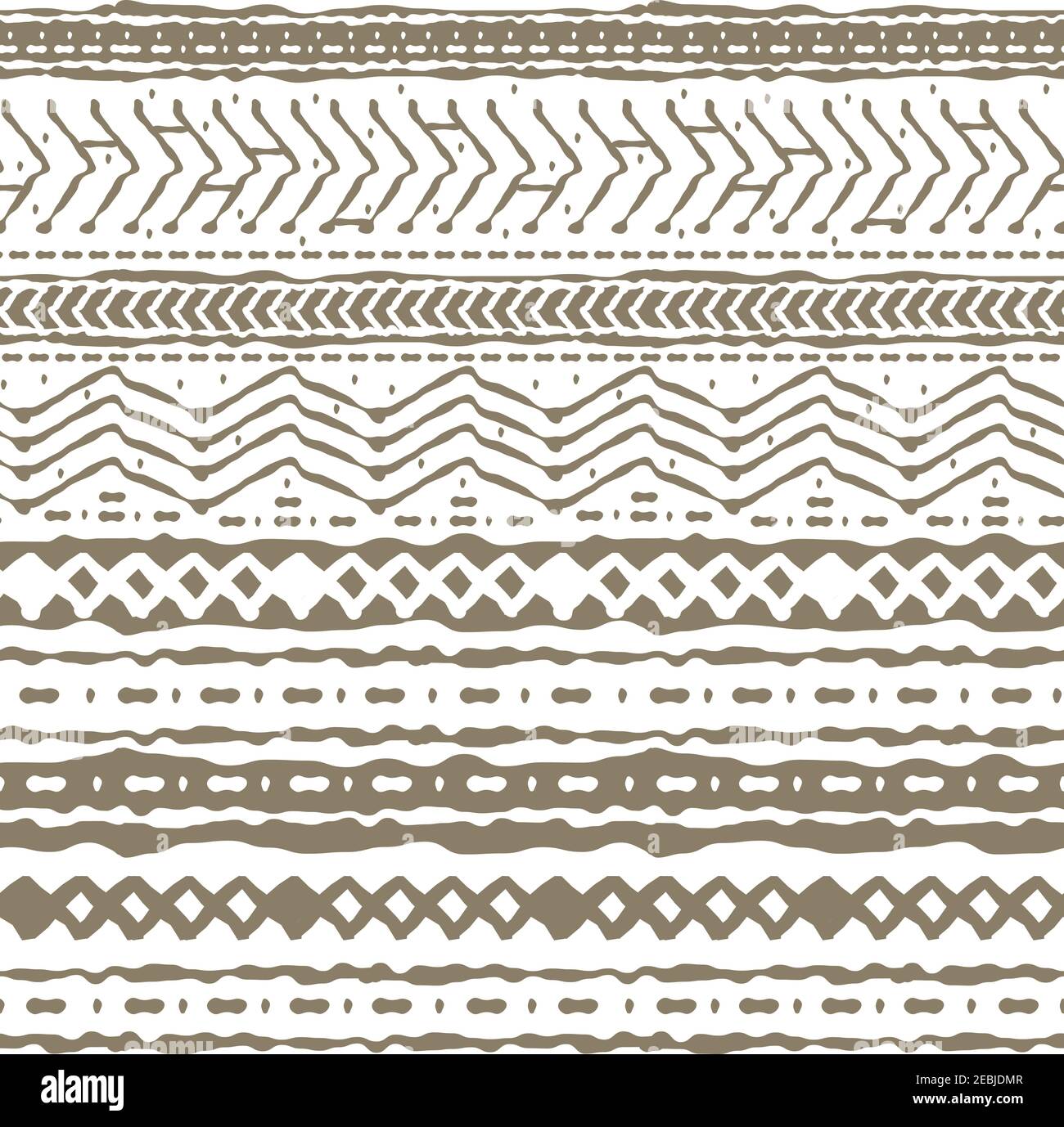 Motif horizontal hivernal sans couture abstrait à bordure répétée. Partie aléatoire rugueuse et tordue de triangles beiges ou de lignes brisées, de zigzags, de cercles ou de formes de gros points. Effet dessiné à la main sur fond blanc Illustration de Vecteur