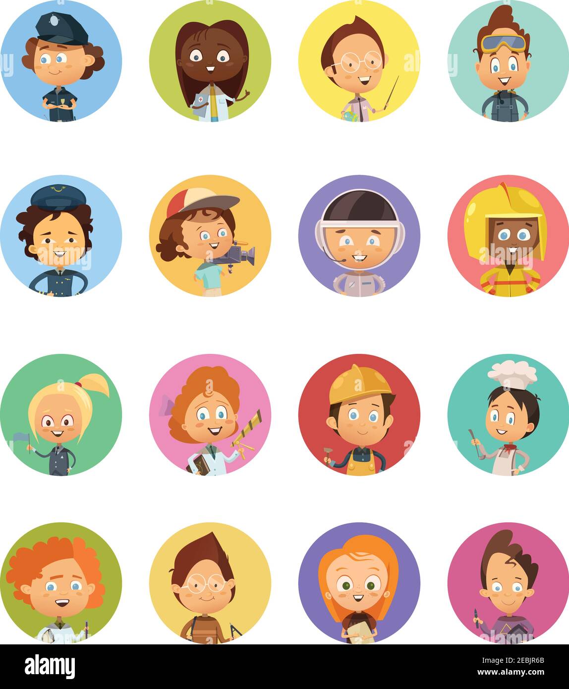 Dessins animés avatars ensemble de professions de personnes utilisées pour les enfants avec images de pilote astronaute scientifique infirmière artiste chef isolé à plat illustration vectorielle Illustration de Vecteur