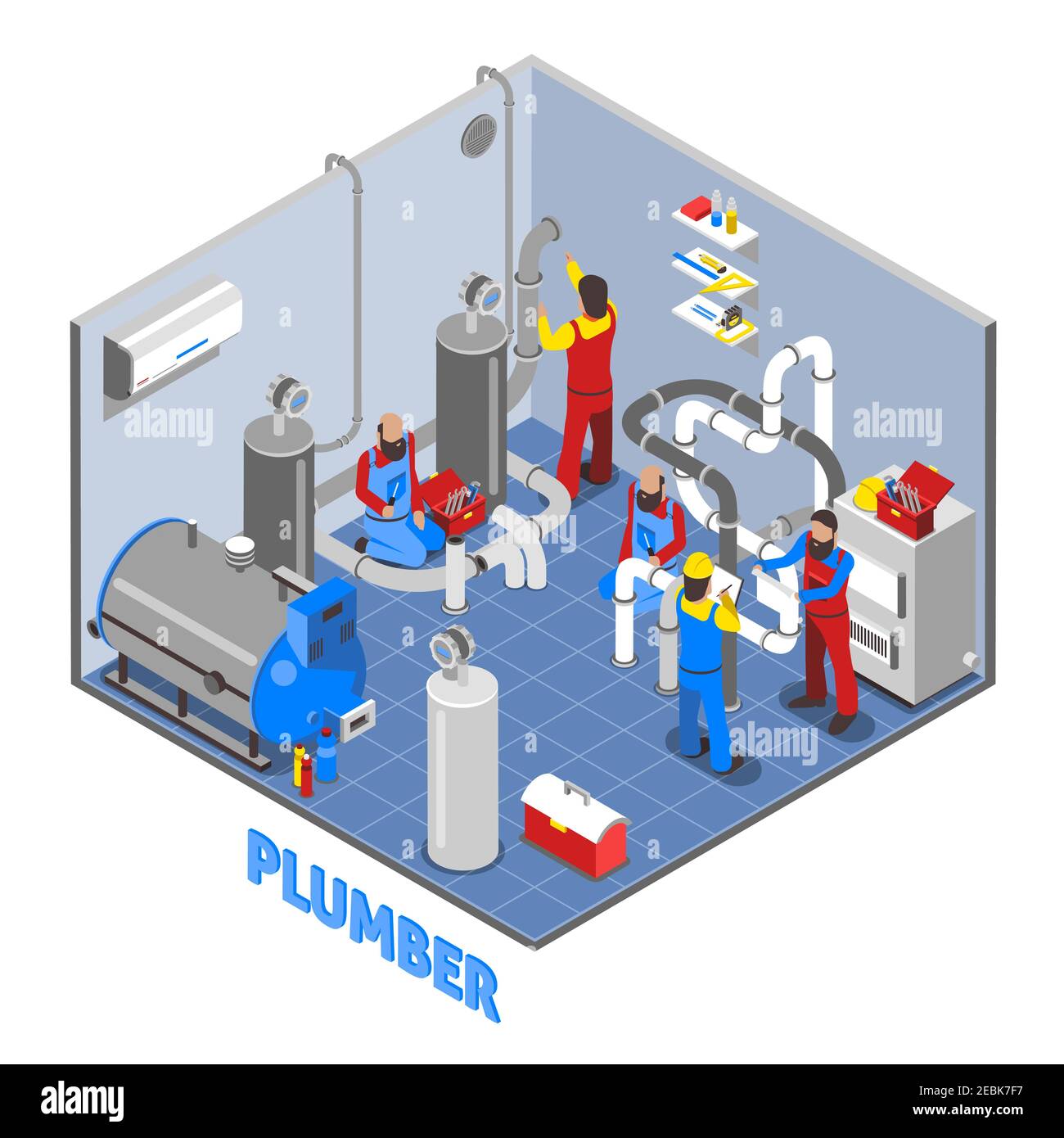 composition de personnes plombier 3d dans un style isométrique dans un travail uniforme dans l'illustration du vecteur de sous-sol Illustration de Vecteur