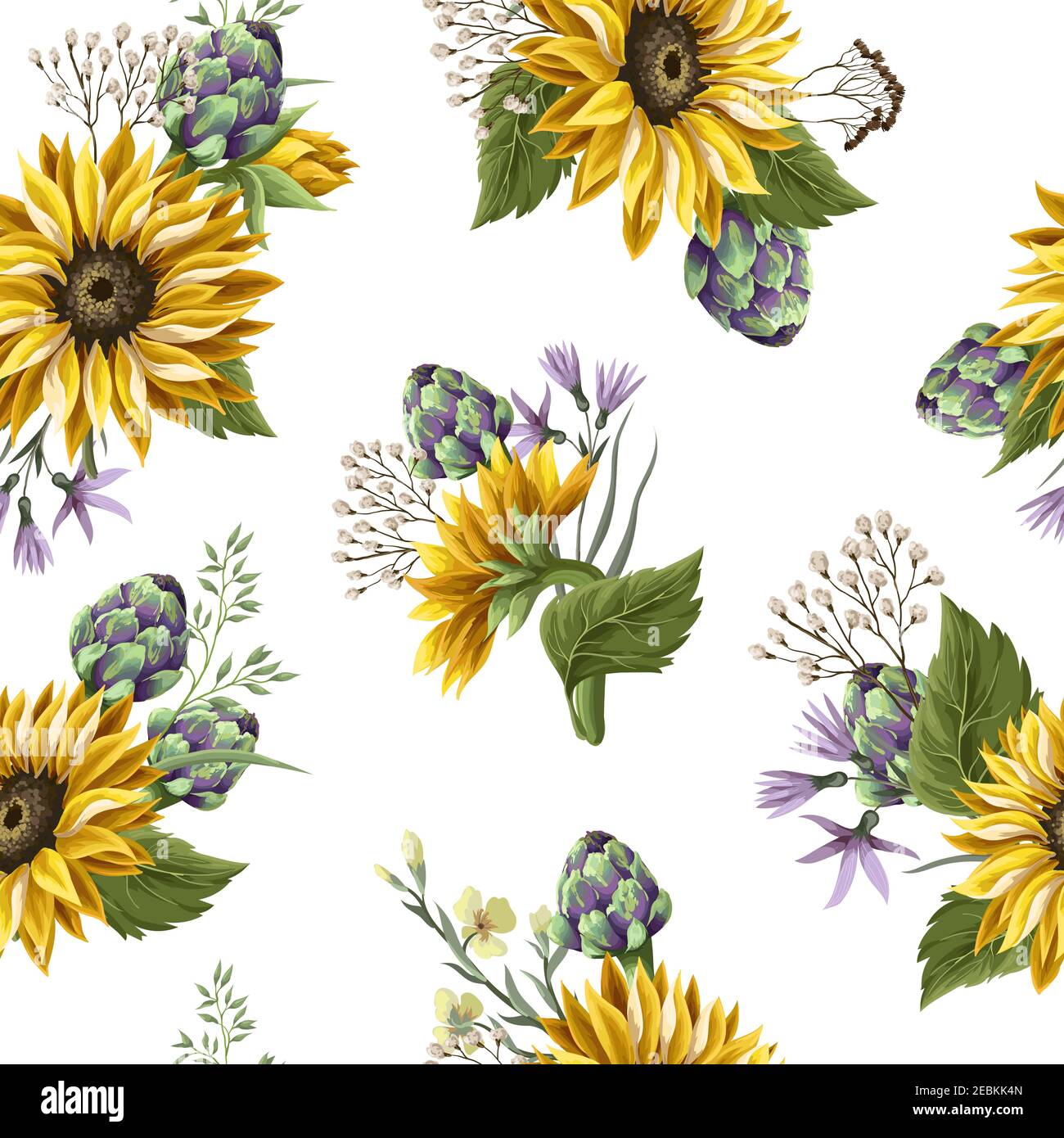 Motif sans couture avec tournesols, artichauts et fleurs sauvages . Illustration vectorielle. Illustration de Vecteur