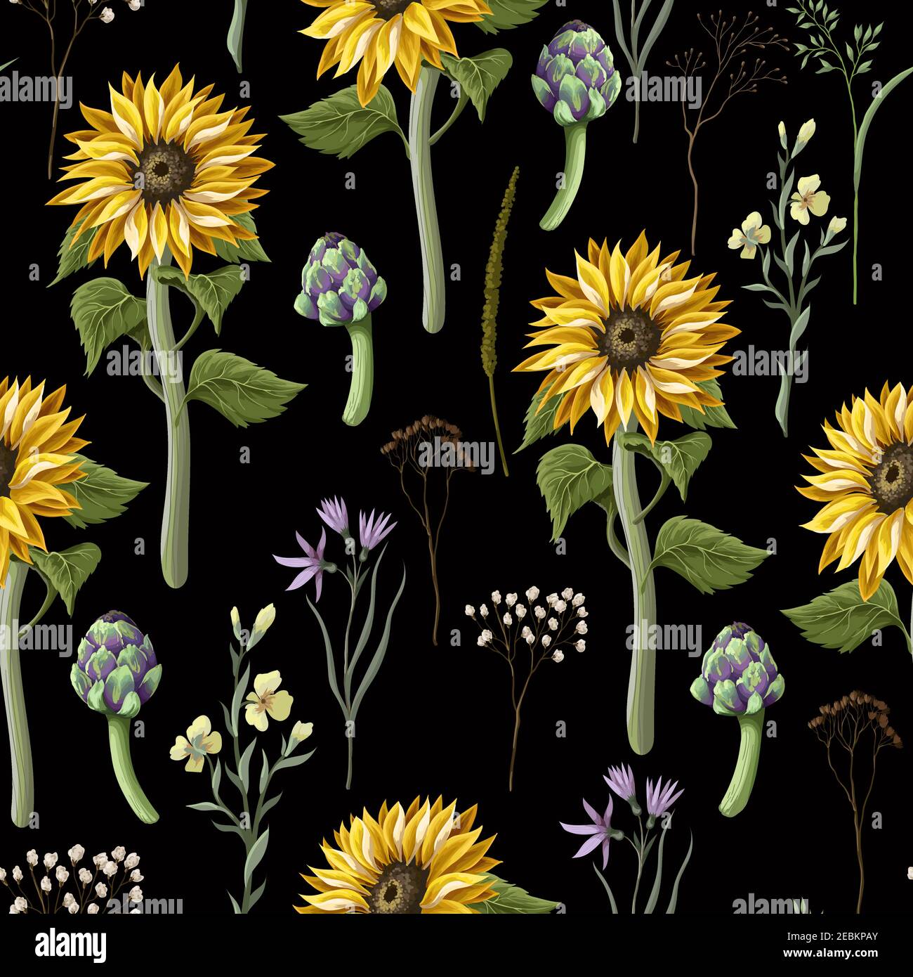 Motif sans couture avec tournesols, artichauts et fleurs sauvages . Illustration vectorielle. Illustration de Vecteur