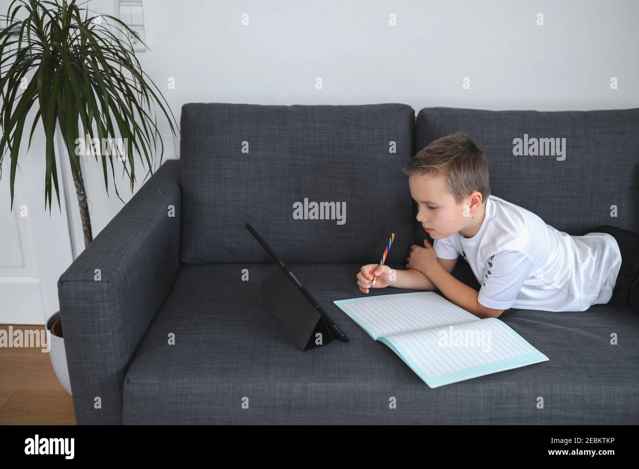 Éducation en ligne, homeschooling. Garçon d'école ayant la leçon en ligne à la maison sur l'entraîneur Banque D'Images