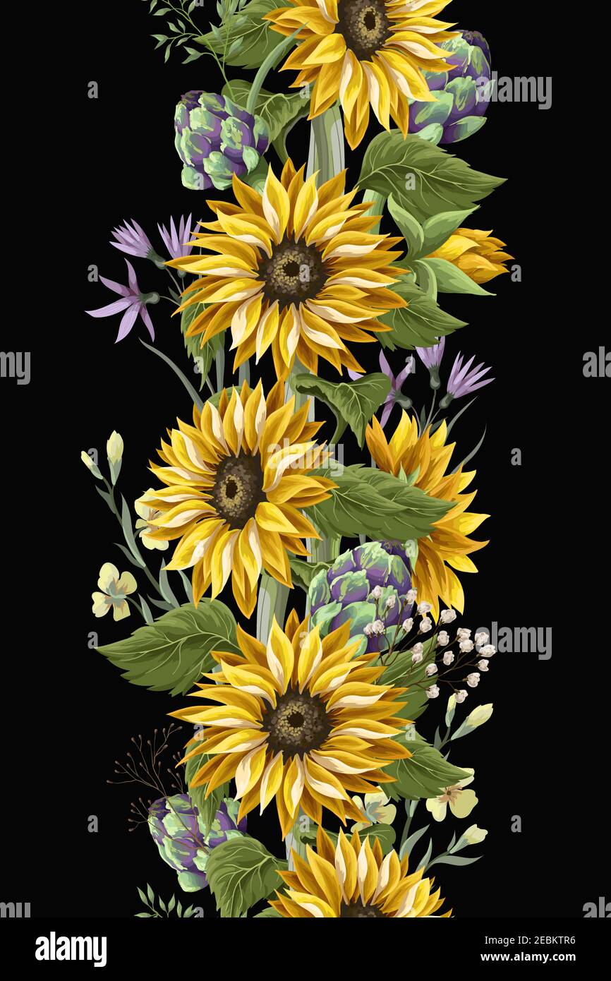 Bordure avec bouquet de tournesol,.artichaut et fleur sauvage. Illustration vectorielle. Illustration de Vecteur