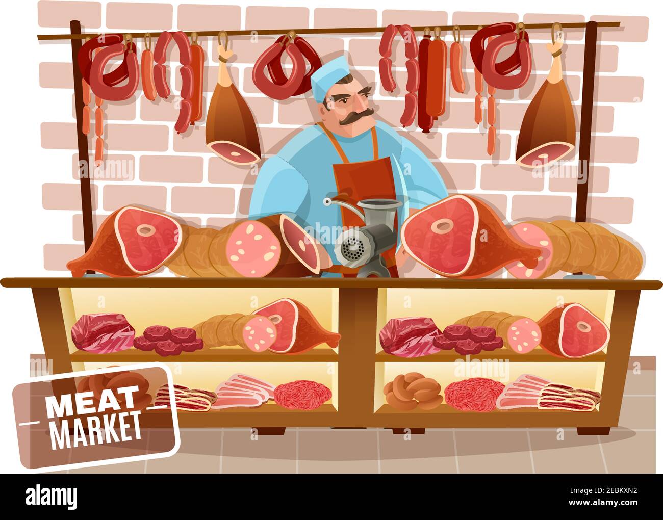 Boucherie et marché de la viande avec saucisses de bœuf et de bacon caricature illustration vectorielle Illustration de Vecteur
