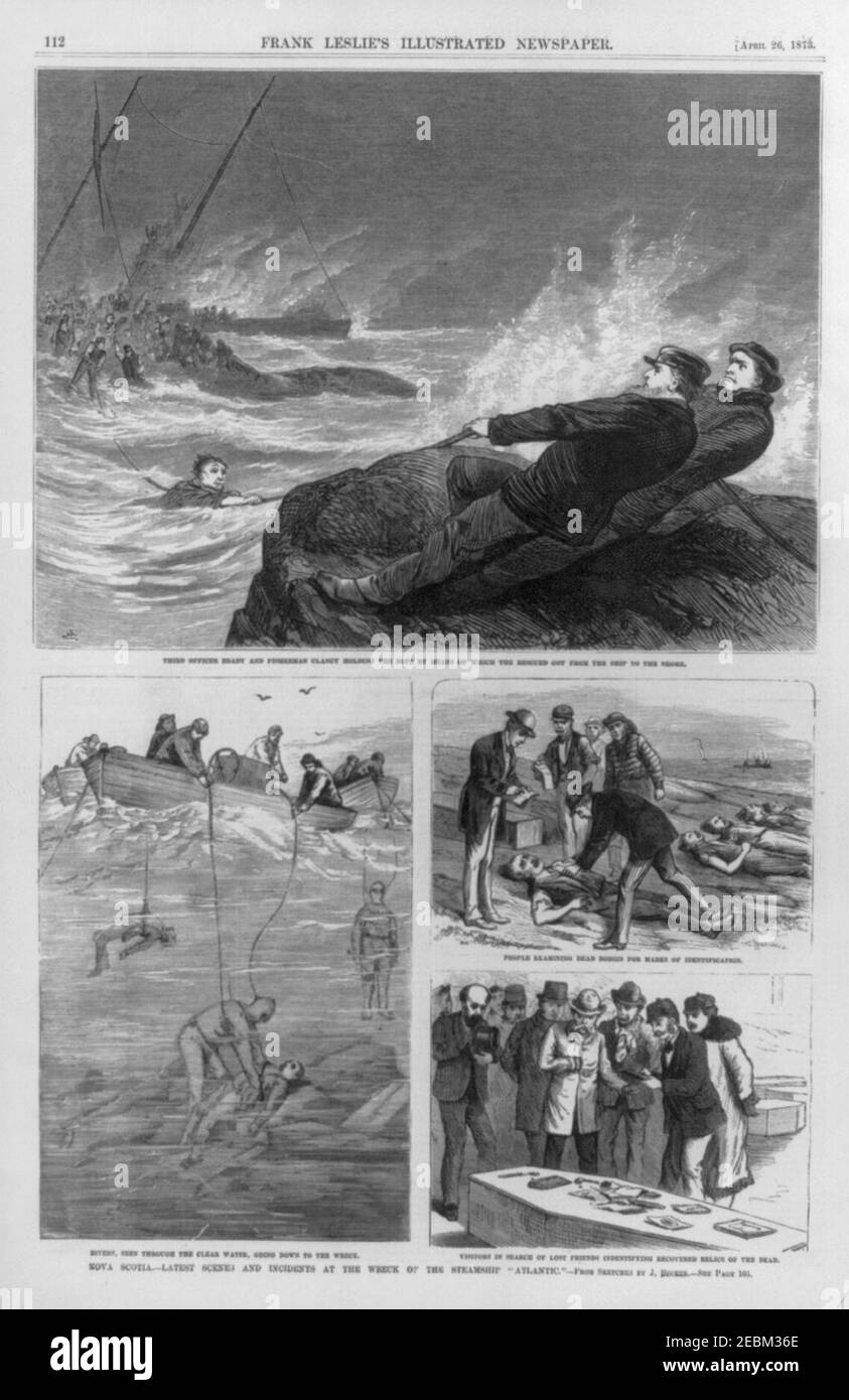 Nouvelle-Écosse - perte du navire à vapeur ''Atlantic'' - scènes et incidents pendant et après l'épave (4-1-1873)- (4 coupes - ligne de sauvetage d'un navire à l'autre; plongeurs déportant des corps; identification Banque D'Images