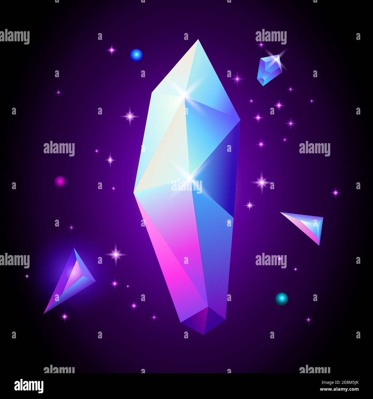 Affiche cosmique tendance abstraite avec pierres en cristal et formes géométriques pyramidales dans l'espace. Fond de galaxie néon. style années 80. Affiche avec géométrique Illustration de Vecteur