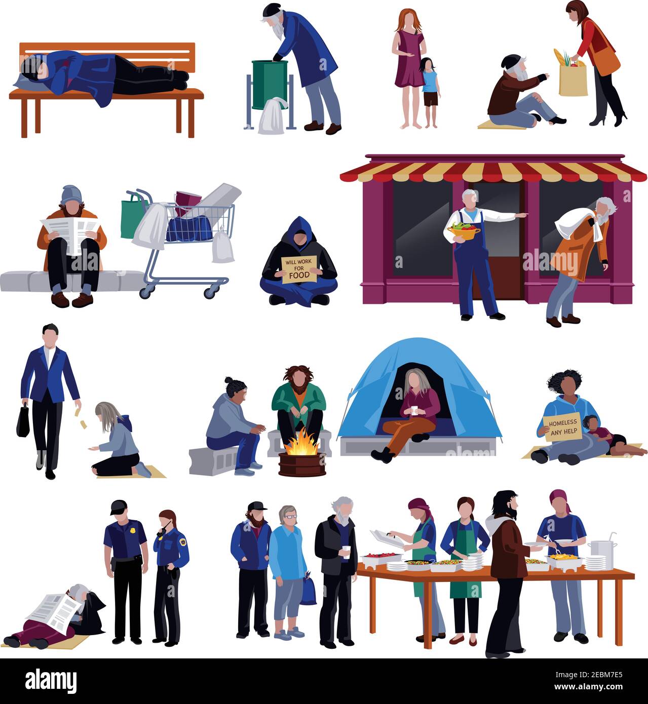 Les sans-abri ont isolé des icônes décoratives ensemble de tramp dormir sur banc de mendiant affamé assis sur le trottoir réfugiés dans le camp illustration du vecteur plat Illustration de Vecteur