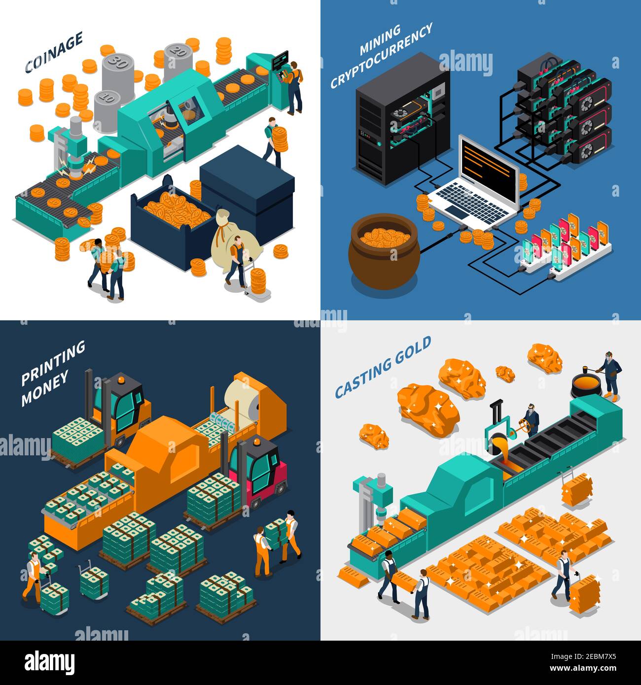 Concept isométrique industriel avec fabrication de différents types d'argent illustration vectorielle de l'équipement mécanique et des travailleurs Illustration de Vecteur