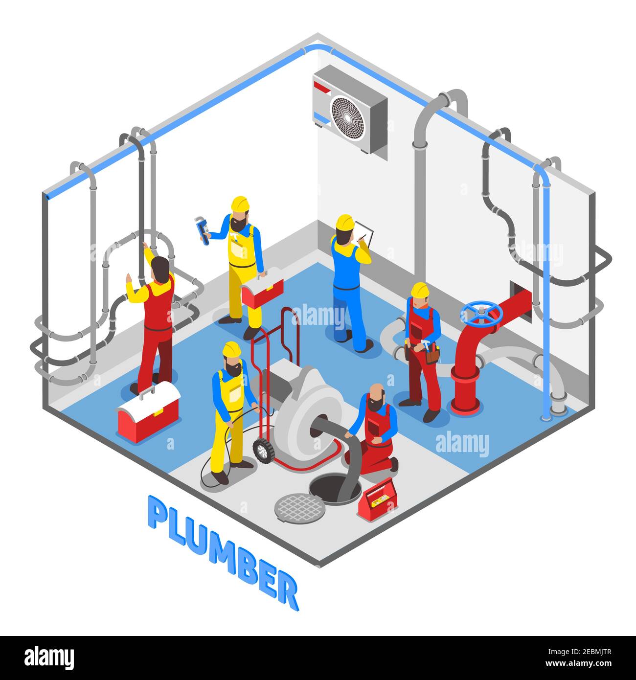 mise en page 3d de la composition de personnes isométriques plomber en couleur avec réparation des tuyaux et de l'équipement mis en place dans le vecteur de sous-sol illustration Illustration de Vecteur