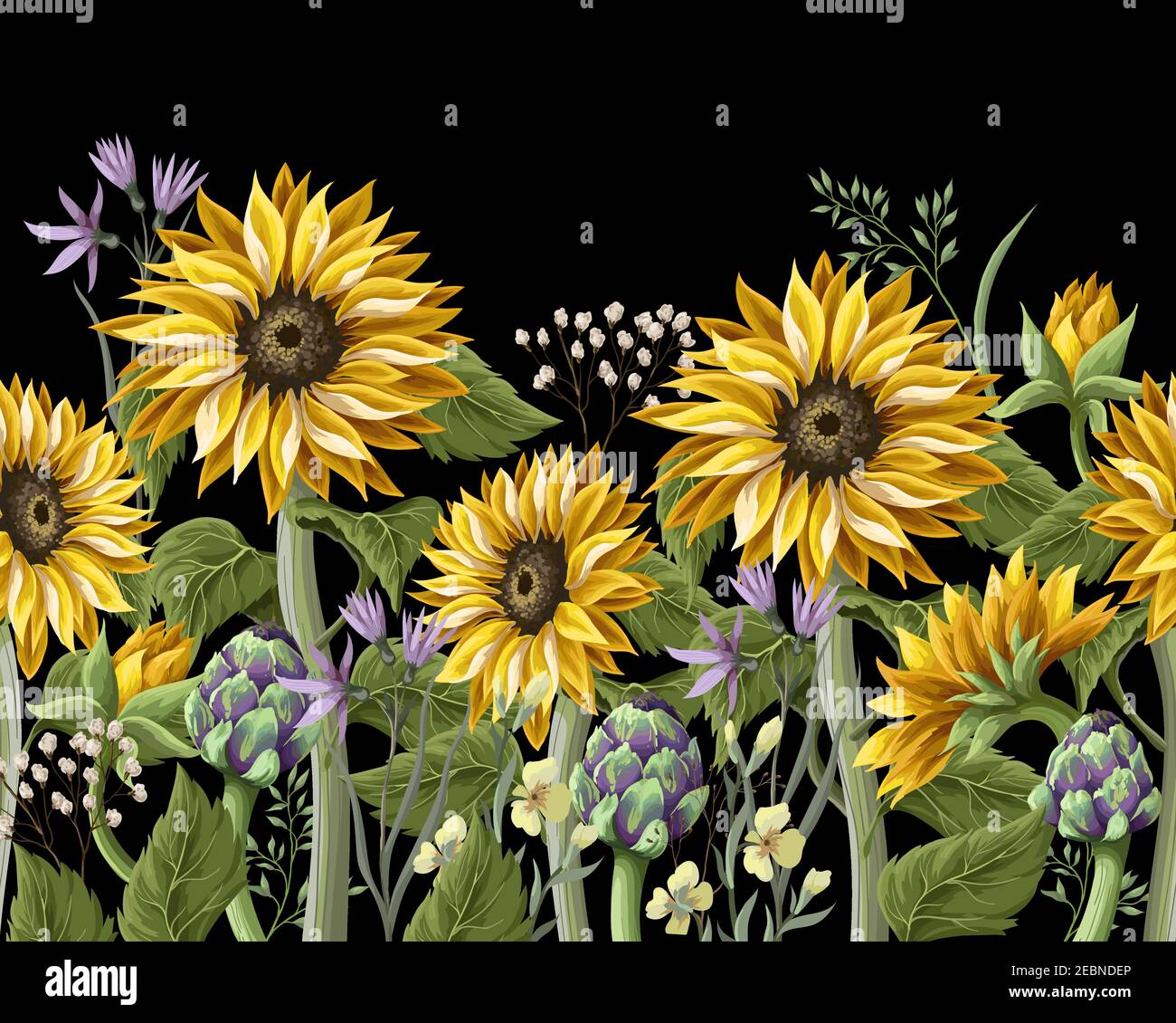 Bordure avec bouquet de tournesol,.artichaut et fleur sauvage. Illustration vectorielle Illustration de Vecteur