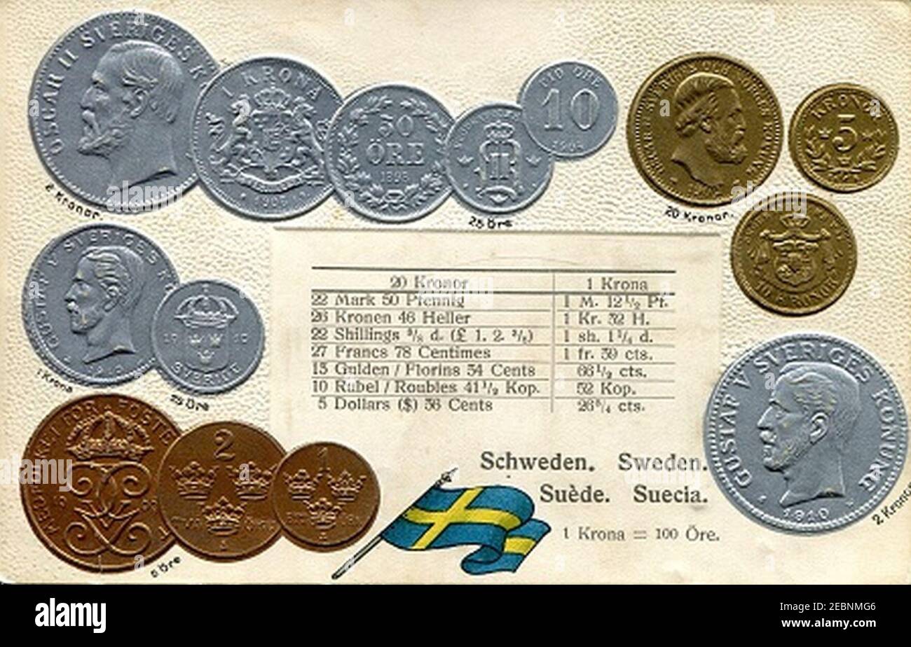 Carte postale numismatique du début des années 1900 - Royaume de Suède 02. Banque D'Images