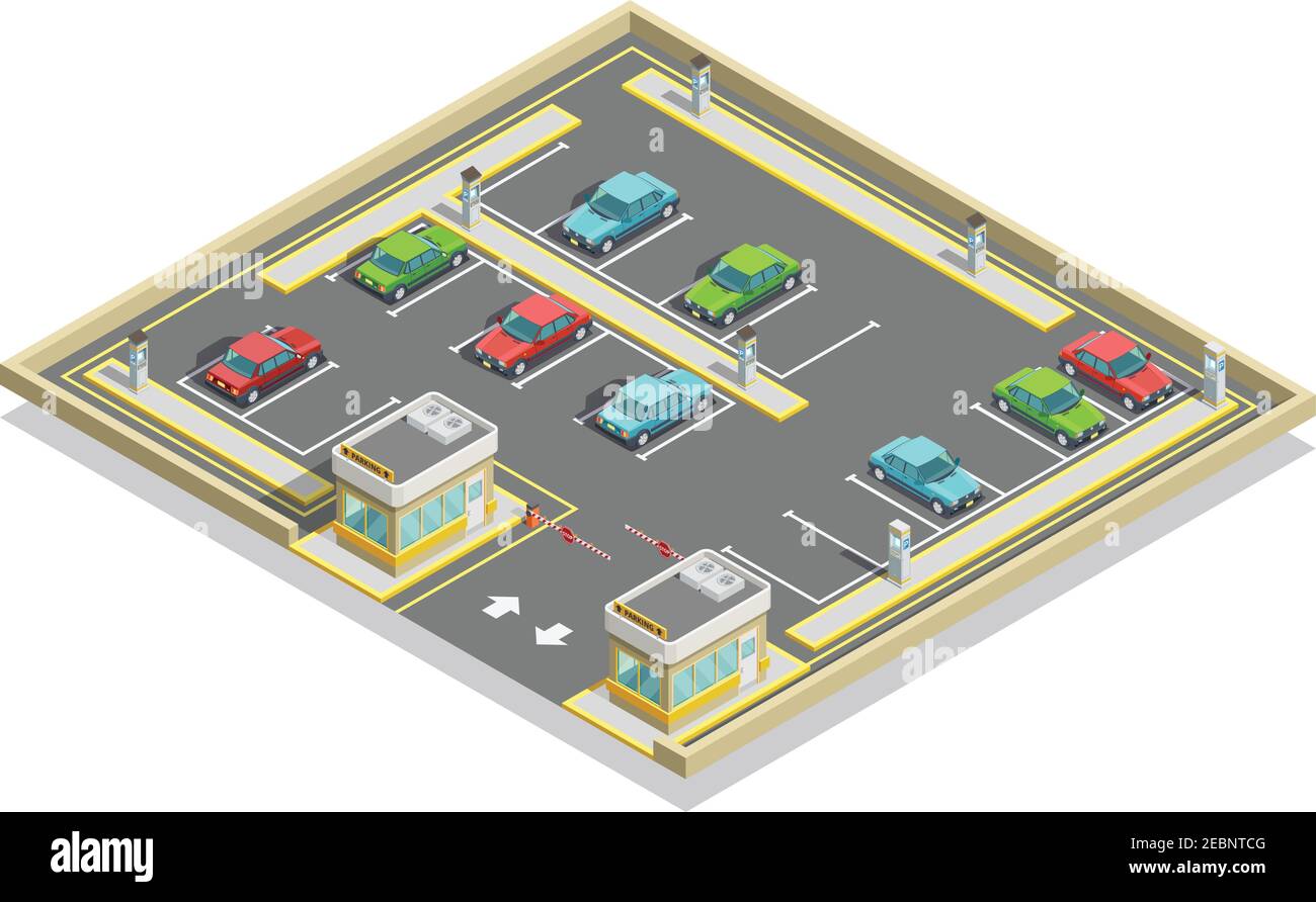 Zone de stationnement emplacement isométrique avec des voitures colorées beaucoup de terrains et illustration du vecteur de contrôle d'accès Illustration de Vecteur