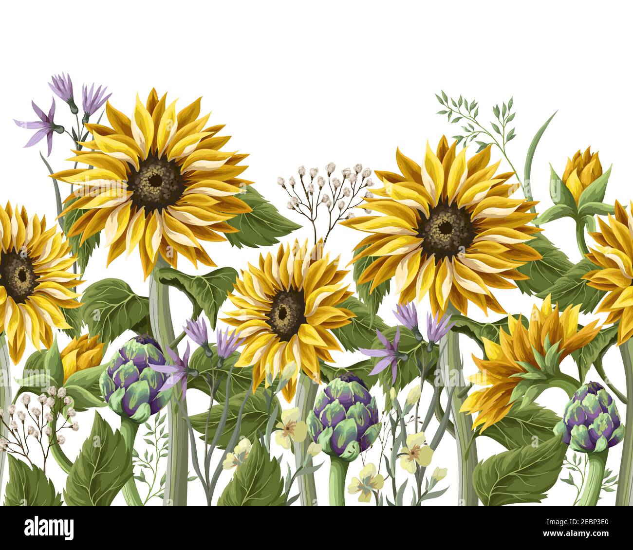 Bordure avec bouquet de tournesol,.artichaut et fleur sauvage. Illustration vectorielle. Illustration de Vecteur