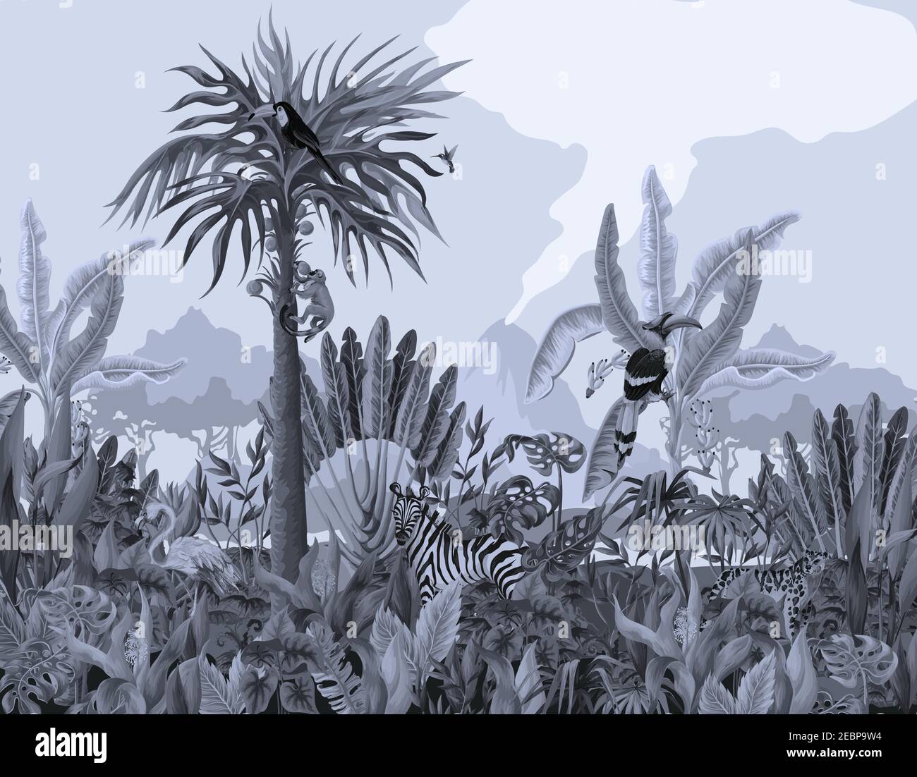 Motif monochrome avec animaux de la jungle, fleurs et arbres. Vecteur. Illustration de Vecteur