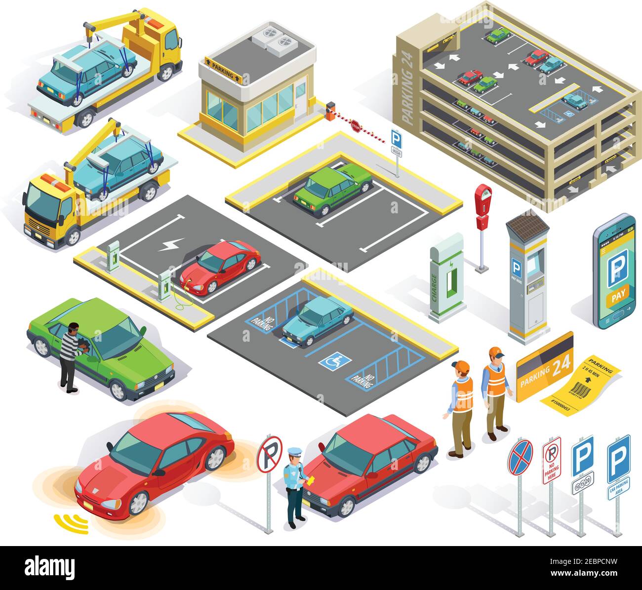 Parking éléments isométriques ensemble avec voitures policier bâtiment vol évacuateur illustration vectorielle isolée des panneaux routiers de la station de charge Illustration de Vecteur