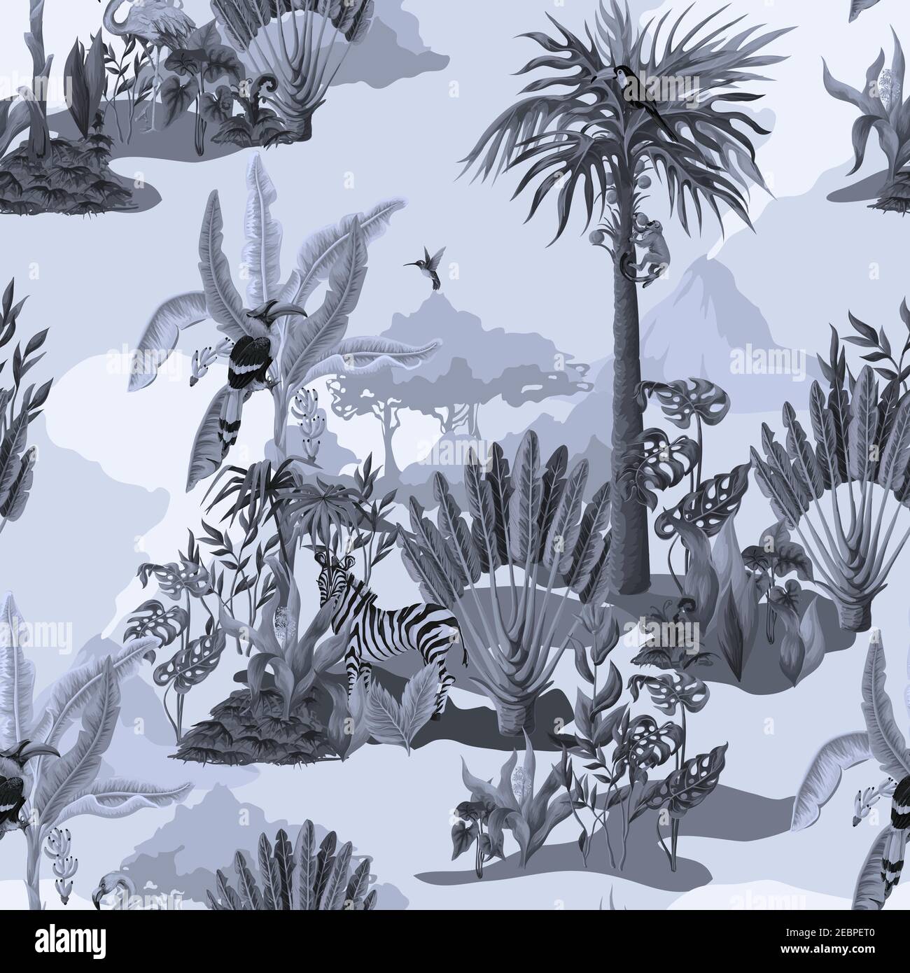 Motif monochrome sans couture avec animaux, fleurs et arbres de la jungle. Vecteur. Illustration de Vecteur
