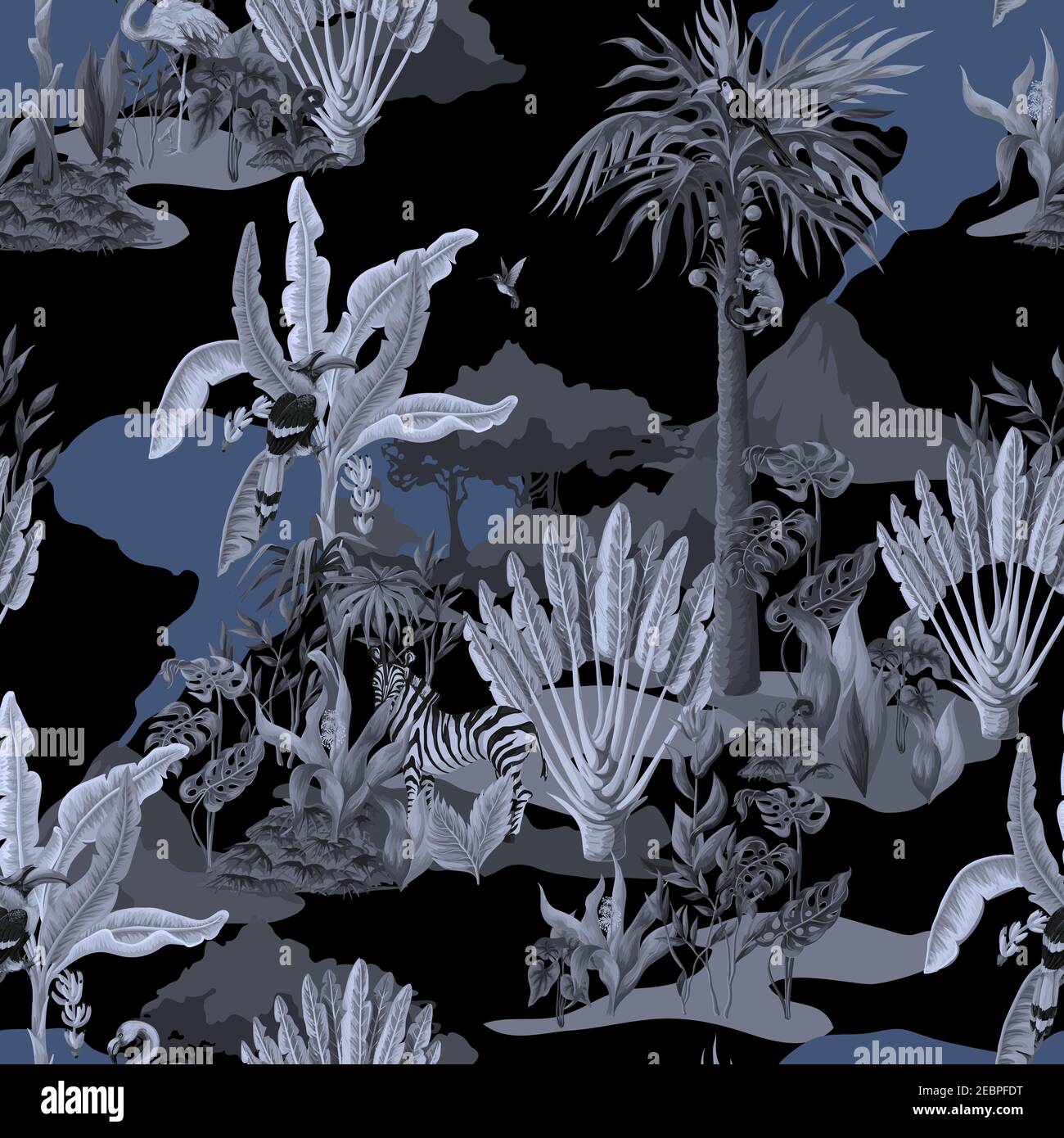 Motif monochrome sans couture avec animaux, fleurs et arbres de la jungle. Vecteur. Illustration de Vecteur