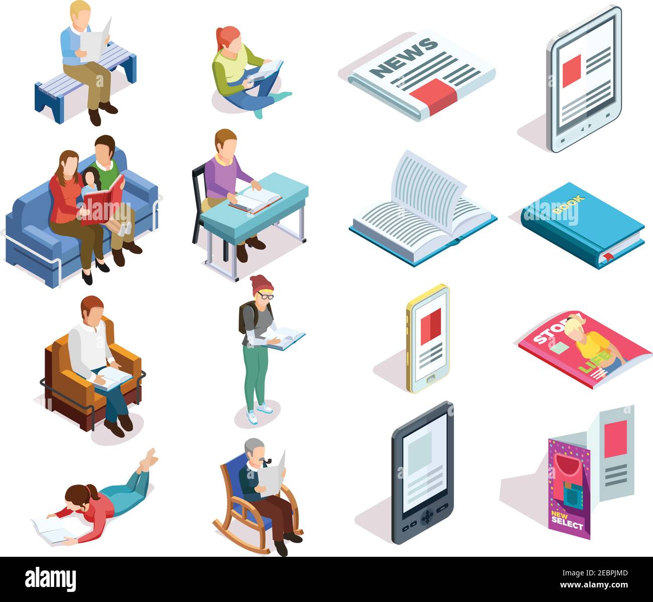 Icône de lecture d'isometirc isolé et coloré avec les gens qui lire des livres magazines tablettes dans différents endroits illustration vectorielle Illustration de Vecteur