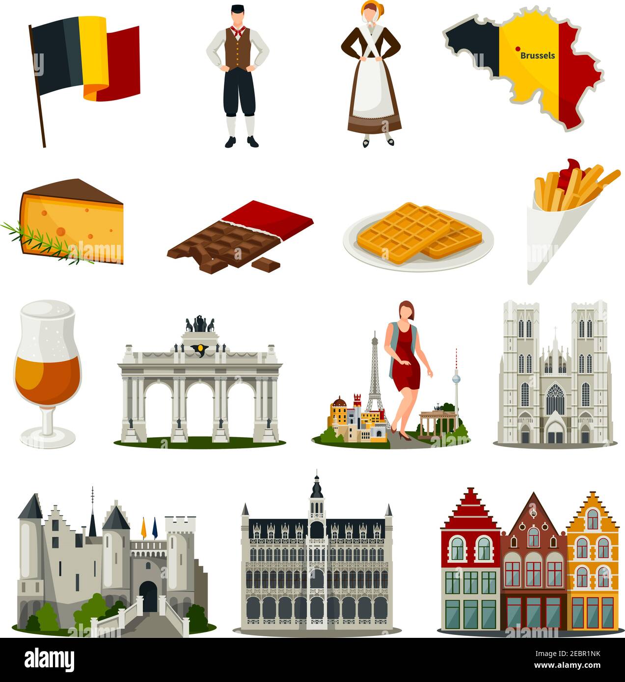 Ensemble d'icônes de style plat avec symboles de belgique y compris architecture alimentaire costumes nationaux illustration vectorielle isolée Illustration de Vecteur