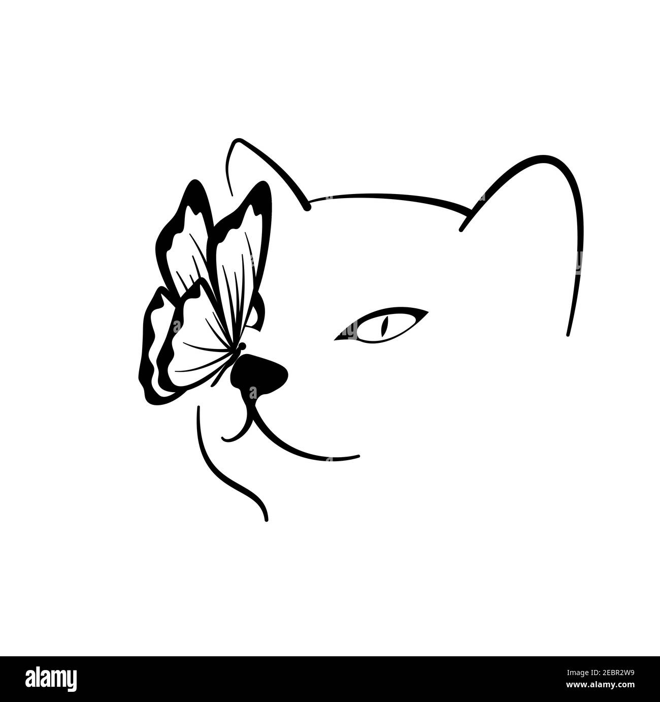 Dessin au trait vectoriel de chat ferme sur fond blanc. Portrait de chat avec un papillon sur son nez. Vecteur pour les logotypes, les métiers, les impressions. Illustration de Vecteur