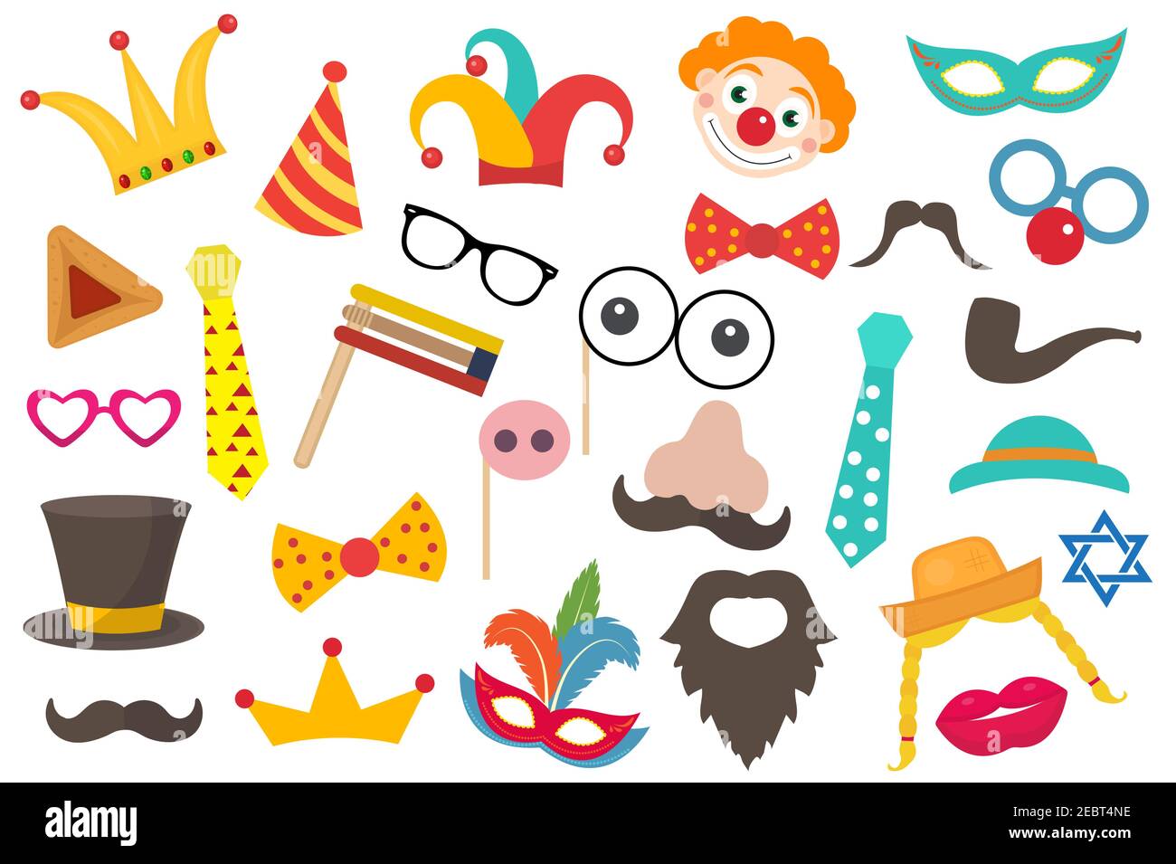 Happy Purim Carnival Set drôle éléments de costume, icônes pour la fête. Purim Jewish Holiday accessoires pour la mascarade, photo shoot .Vector clip art Illustration de Vecteur