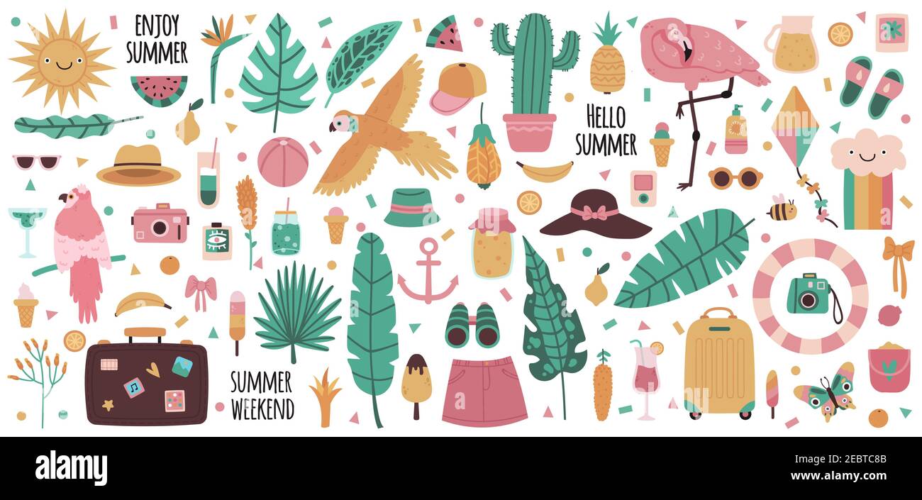 Éléments d'été. Vacances d'été boissons, fruits, feuilles de palmier, flamants roses, perroquet et fleurs de jungle. Ensemble d'illustrations vectorielles de symboles d'été mignons Illustration de Vecteur