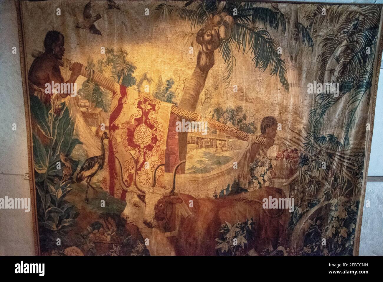 Tapisserie représentant des esclaves africains récoltant de la canne à sucre dans les Antilles. Musée de Malmö, Château de Malmö, Suède. Banque D'Images