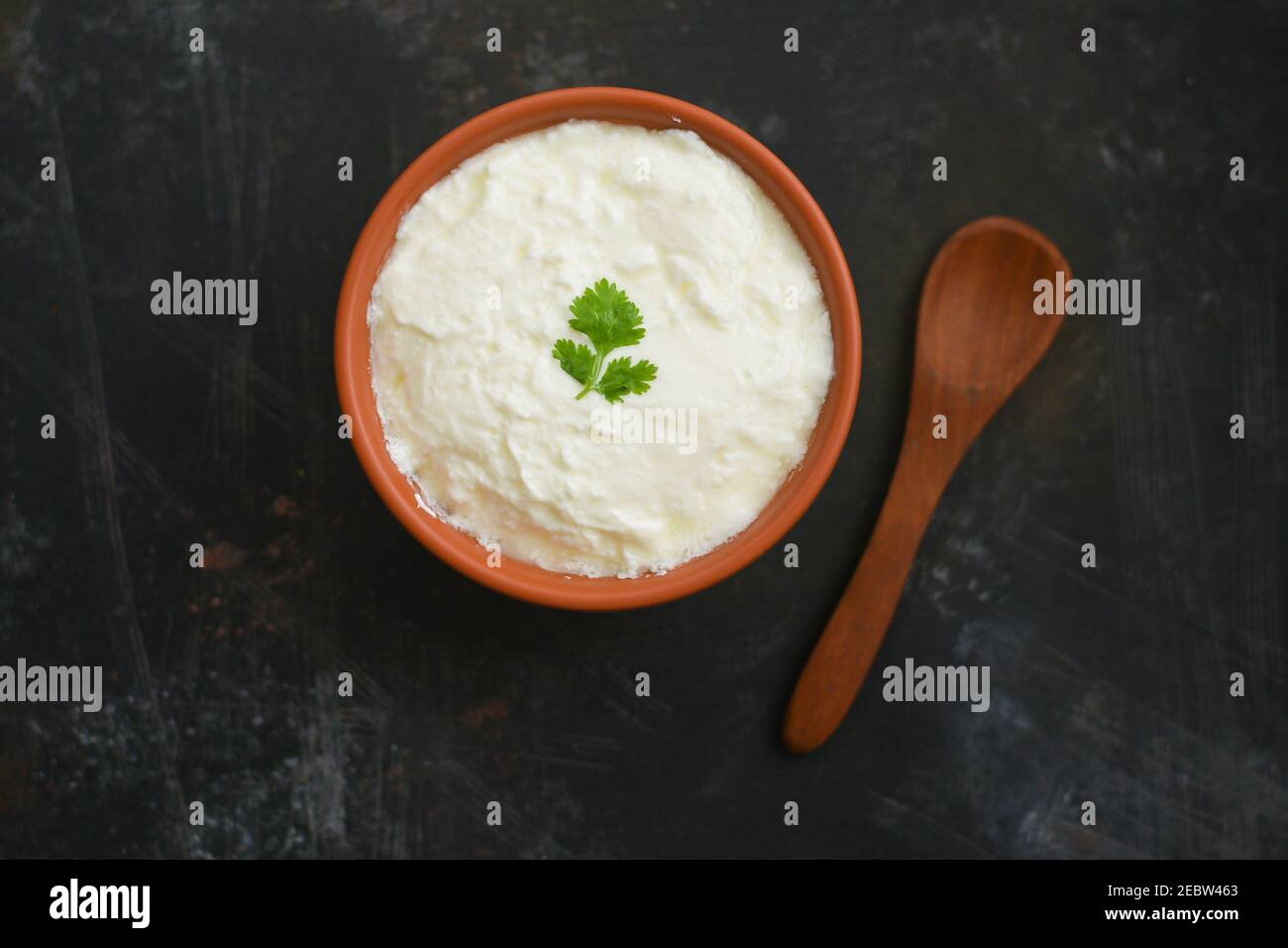 Bol de crème aigre maison yaourt Dahi herbes fraîches curry feuille Kerala, Inde. Femme prendre à la main produit laitier obtenu coagulant lait caillé Banque D'Images
