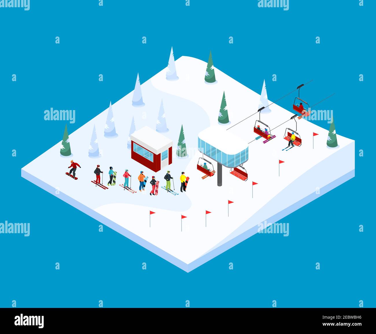 Station de ski au décor de paysage isométrique carrelé avec maisons de pistes pieux chemin de corde et les skieurs figures illustration vectorielle Illustration de Vecteur