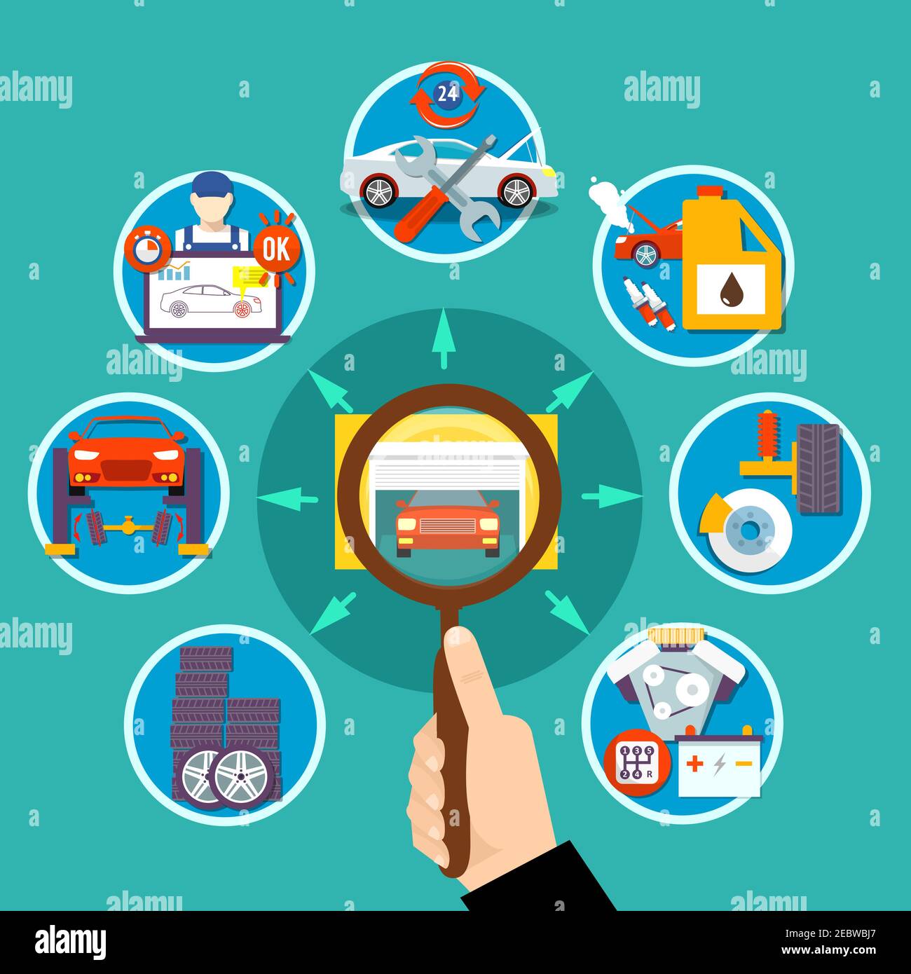 Conception de cercle d'entretien automatique avec roues de batterie de support de suspension outils de réparation icônes décoratives illustration vectorielle plate Illustration de Vecteur