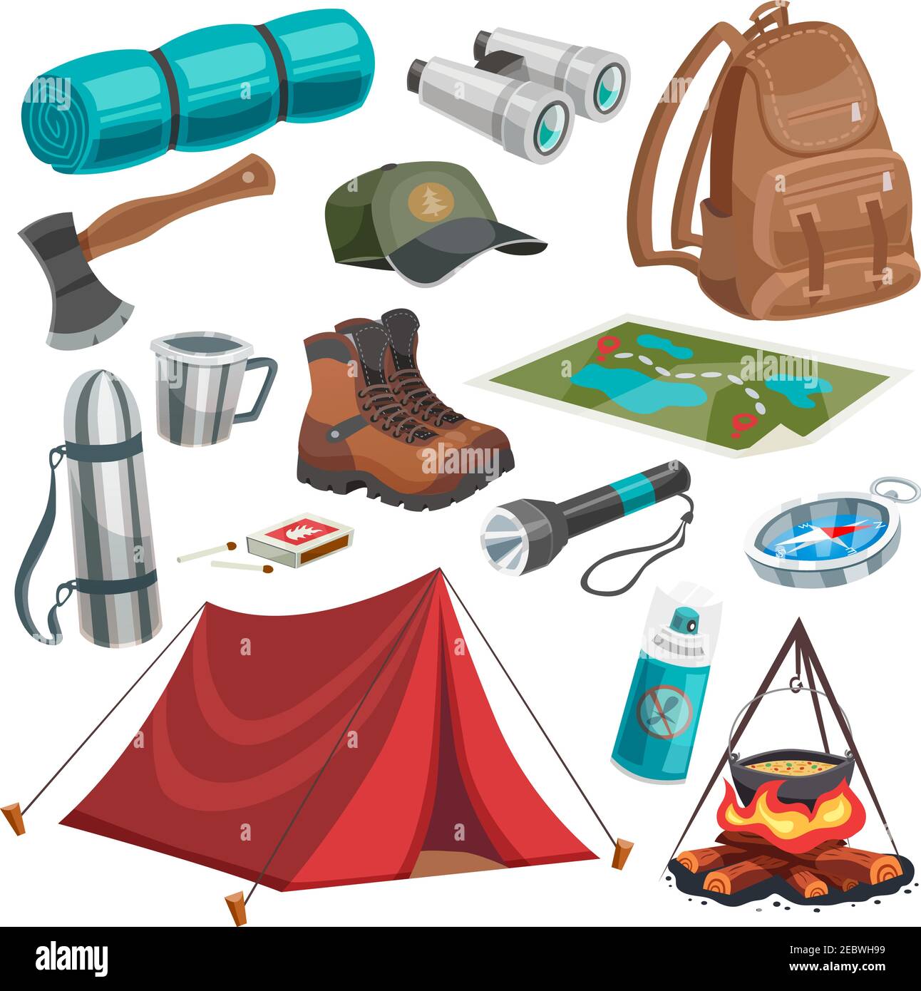Images isolées de scouting de camping avec équipement de voyage d'été utile outils dispositions carte feu de camp et illustration de vecteur de tente Illustration de Vecteur
