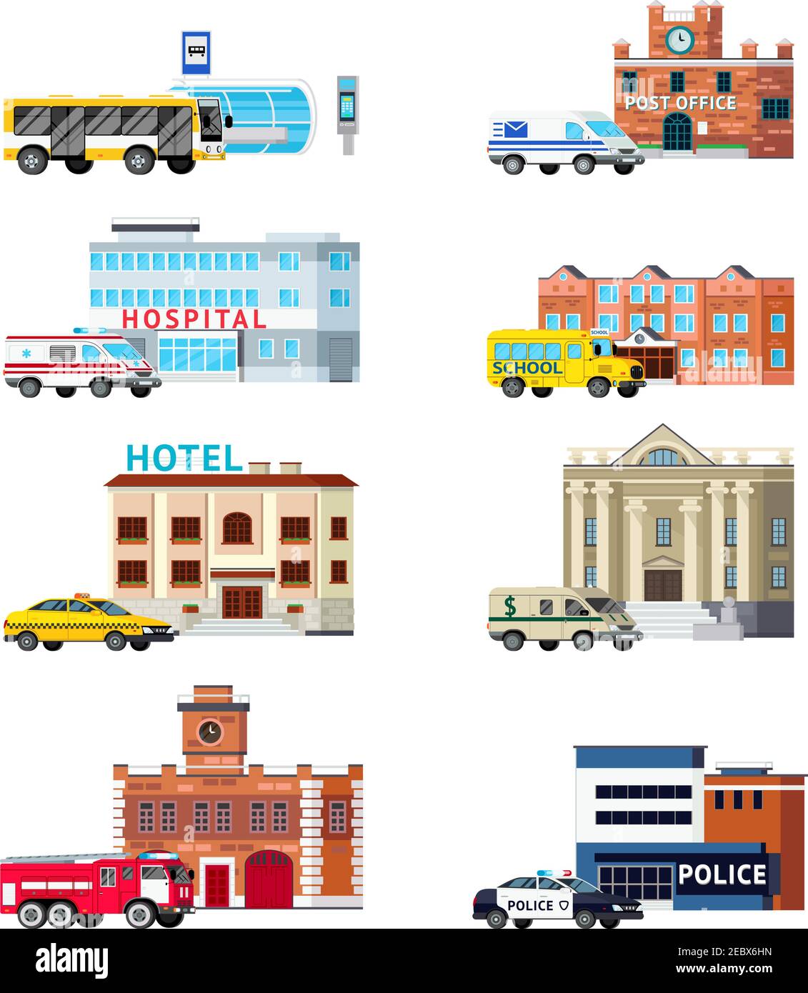 Ensemble orthogonal de services municipaux et de bâtiments, y compris poste  de transport illustration vectorielle isolée de la police de bureau et de  l'hôpital Image Vectorielle Stock - Alamy
