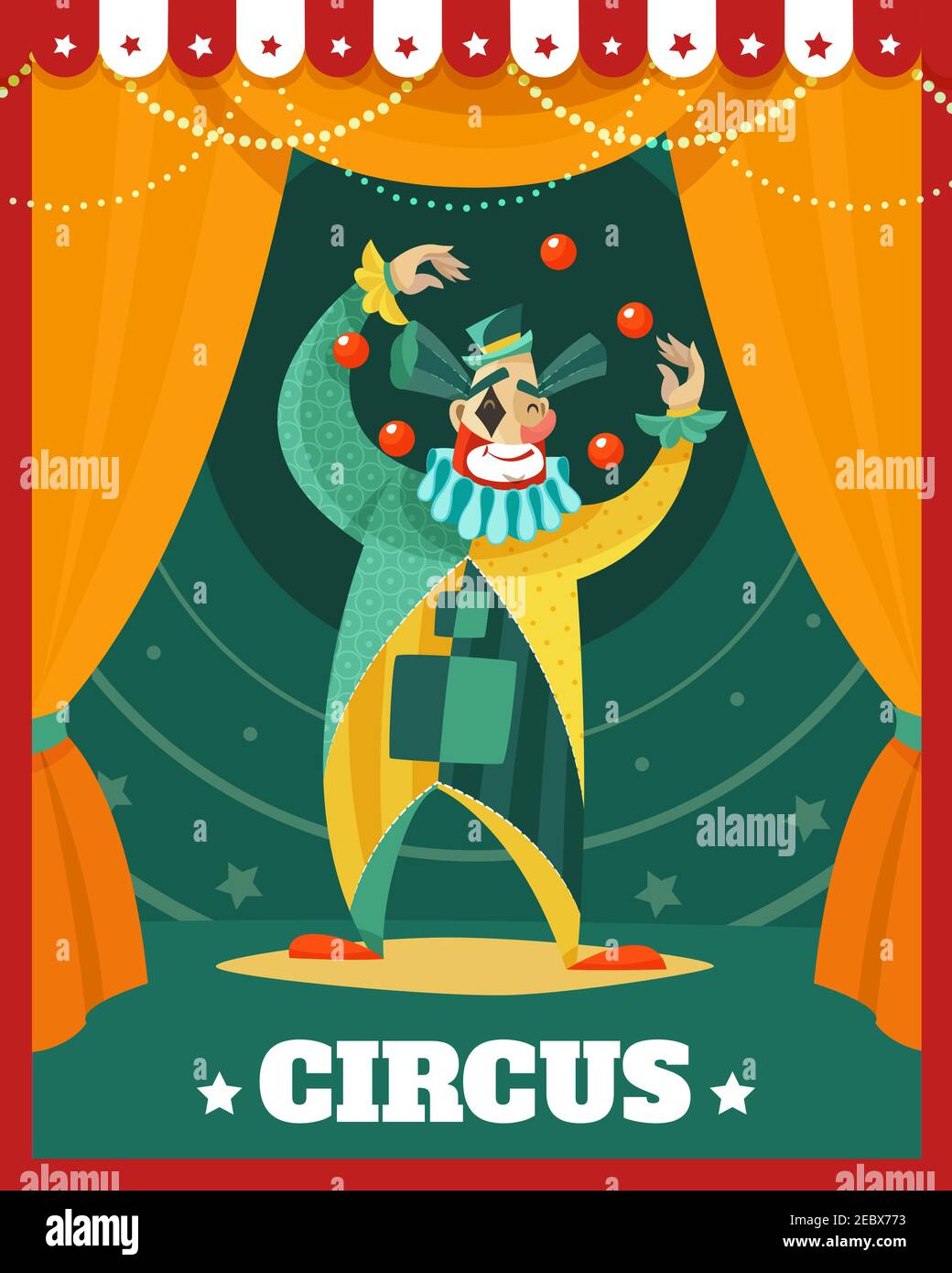 Poster publicitaire de cirque itinérant avec jonglage sous les projecteurs clown rétro illustration vectorielle de style dessin animé Illustration de Vecteur