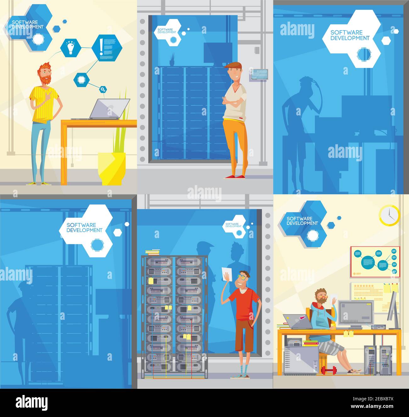 Ensemble de six affiches en forme de doodle pour créer des affiches différentes silhouettes des personnages employés et illustration du vecteur du logotype de l'entreprise Illustration de Vecteur