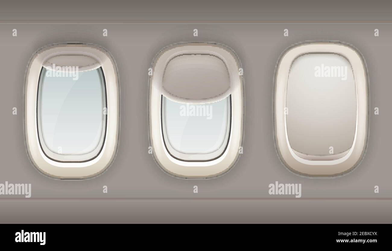 Trois hublots réaliste d'avion a partir de plastique blanc avec des nuances de fenêtre ouverte et fermée vector illustration Illustration de Vecteur