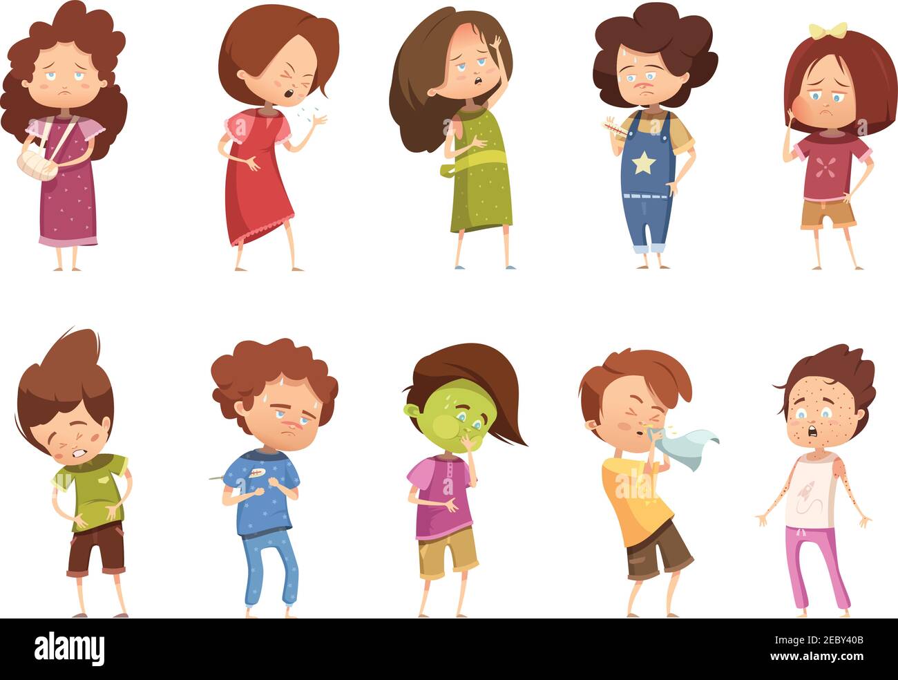 Jeu d'icônes de dessin animé rétro enfant de couleur avec filles et garçons différents degrés de l'illustration de vecteur de maladie Illustration de Vecteur