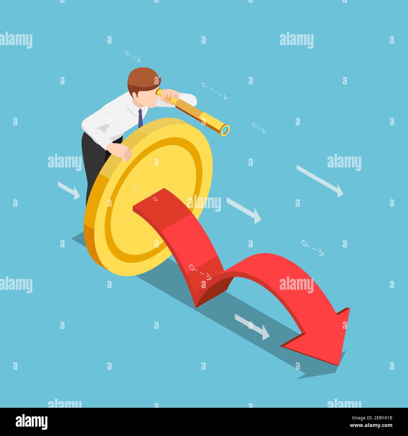 Homme d'affaires Isométrique 3D plat avec Golden coin et Telescope regardant vers l'avant. Concept d'investissement à long terme. Illustration de Vecteur
