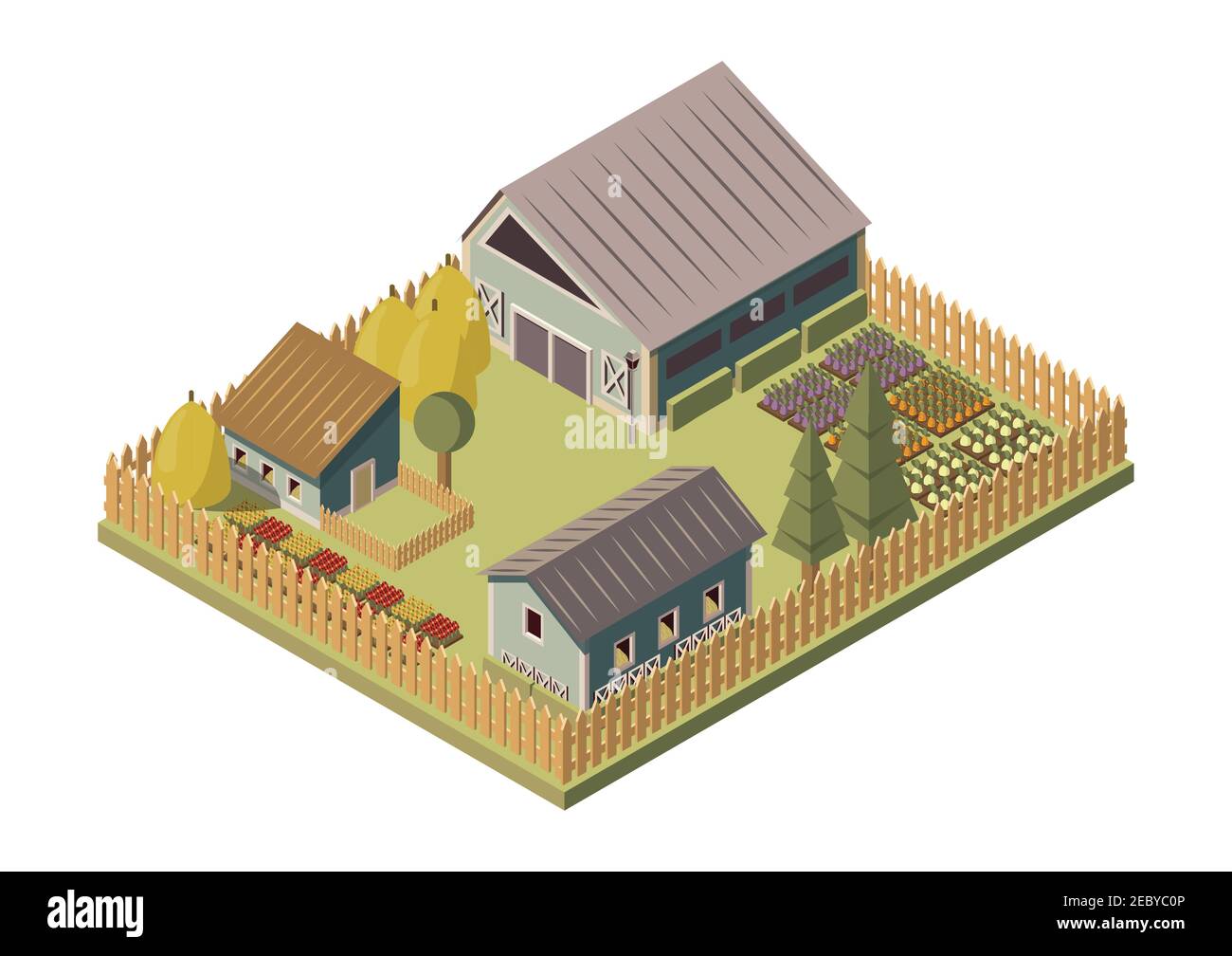 Aménagement isométrique Ranch avec étables et cheminées de foin lits de jardin et illustration vectorielle de clôture en bois Illustration de Vecteur