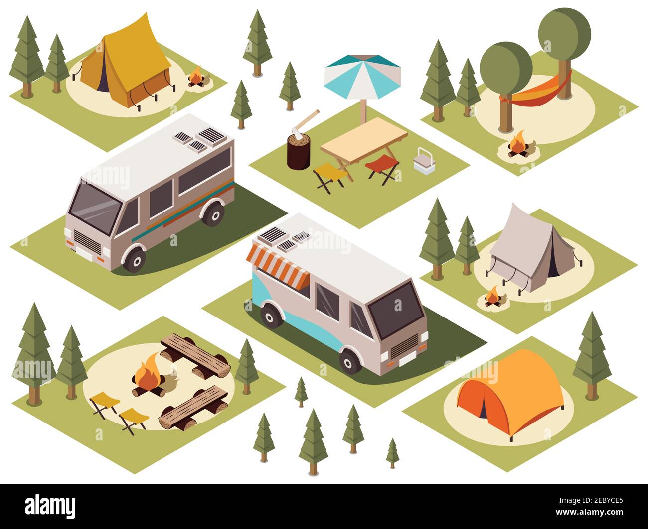 Ensemble isométrique d'éléments de camp avec des fourgons tentes feux de joie chaises tableaux illustration de vecteur isolé de hamac et de parapluie Illustration de Vecteur