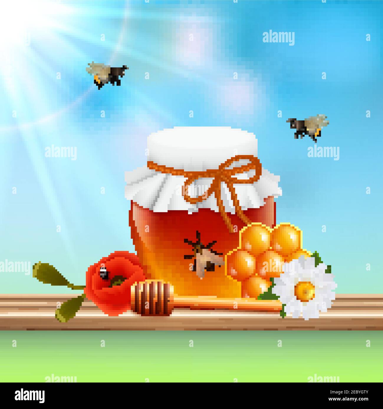 Composition de couleur miel pot en verre coloré rempli de miel peu illustration des abeilles et du vecteur de rayons du soleil Illustration de Vecteur