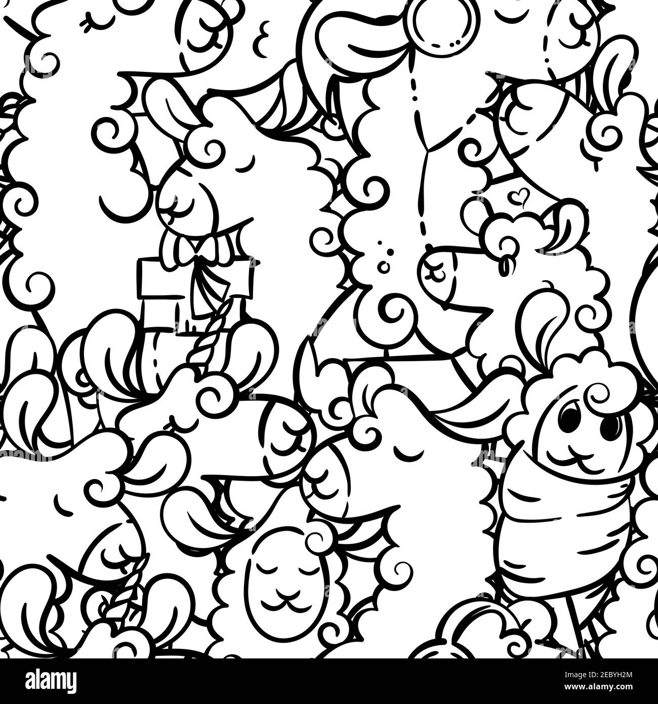 Motif sans coutures avec de jolis lamas et alpagas. Illustration vectorielle pour colorier des pages, des tirages pour enfants et adultes Illustration de Vecteur