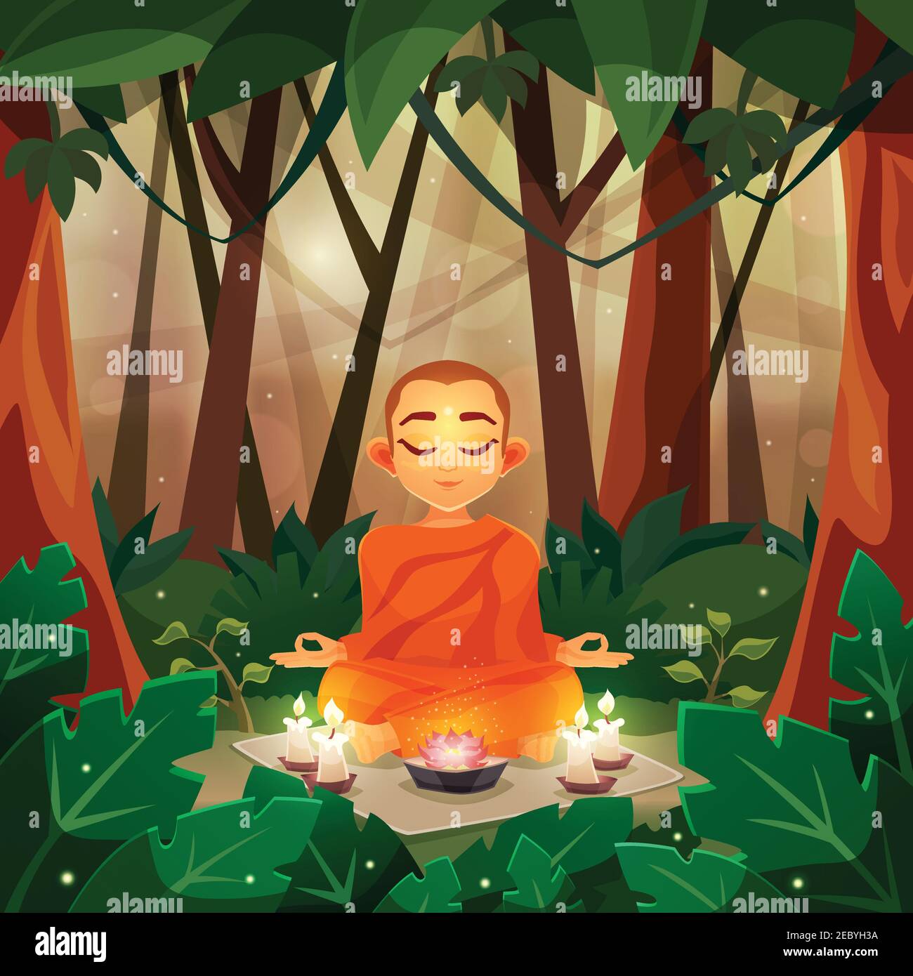 Affiche plate couleur représentant bouddha dans la forêt avec vecteur bougie illustration Illustration de Vecteur
