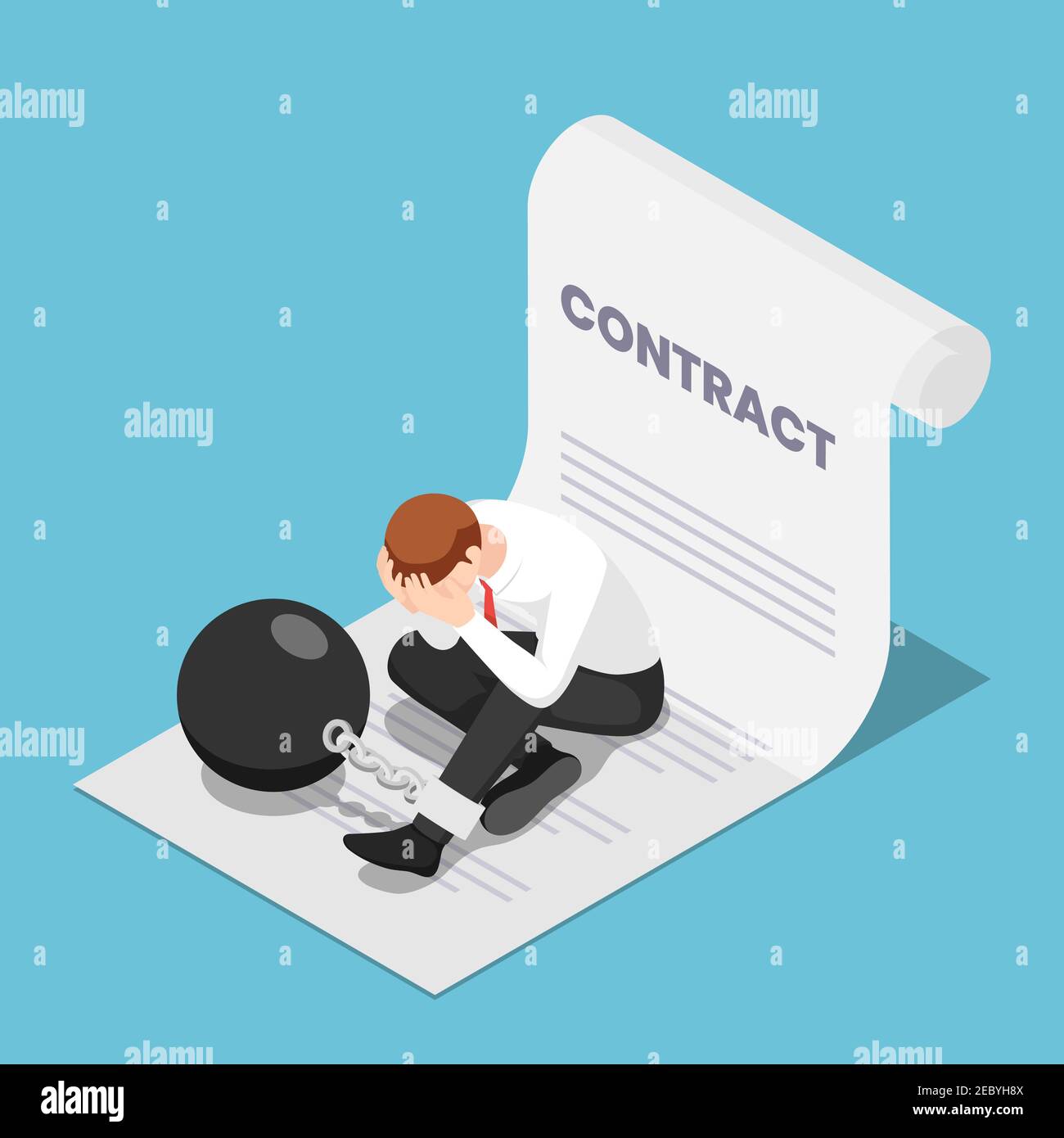 Homme d'affaires Isométrique 3D plat enchaîné avec Big Metal ball assis sur Contract. Business Corporate Slavery et Contract concept. Illustration de Vecteur