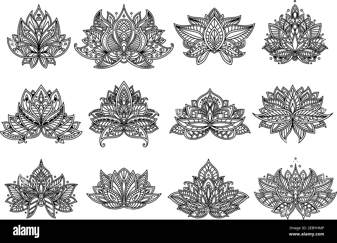 Décrivez les fleurs de cachemire ornementales et le mandala avec des pétales et des feuilles incurvés stylisés persans. Ensemble éléments à motif fleuri Illustration de Vecteur