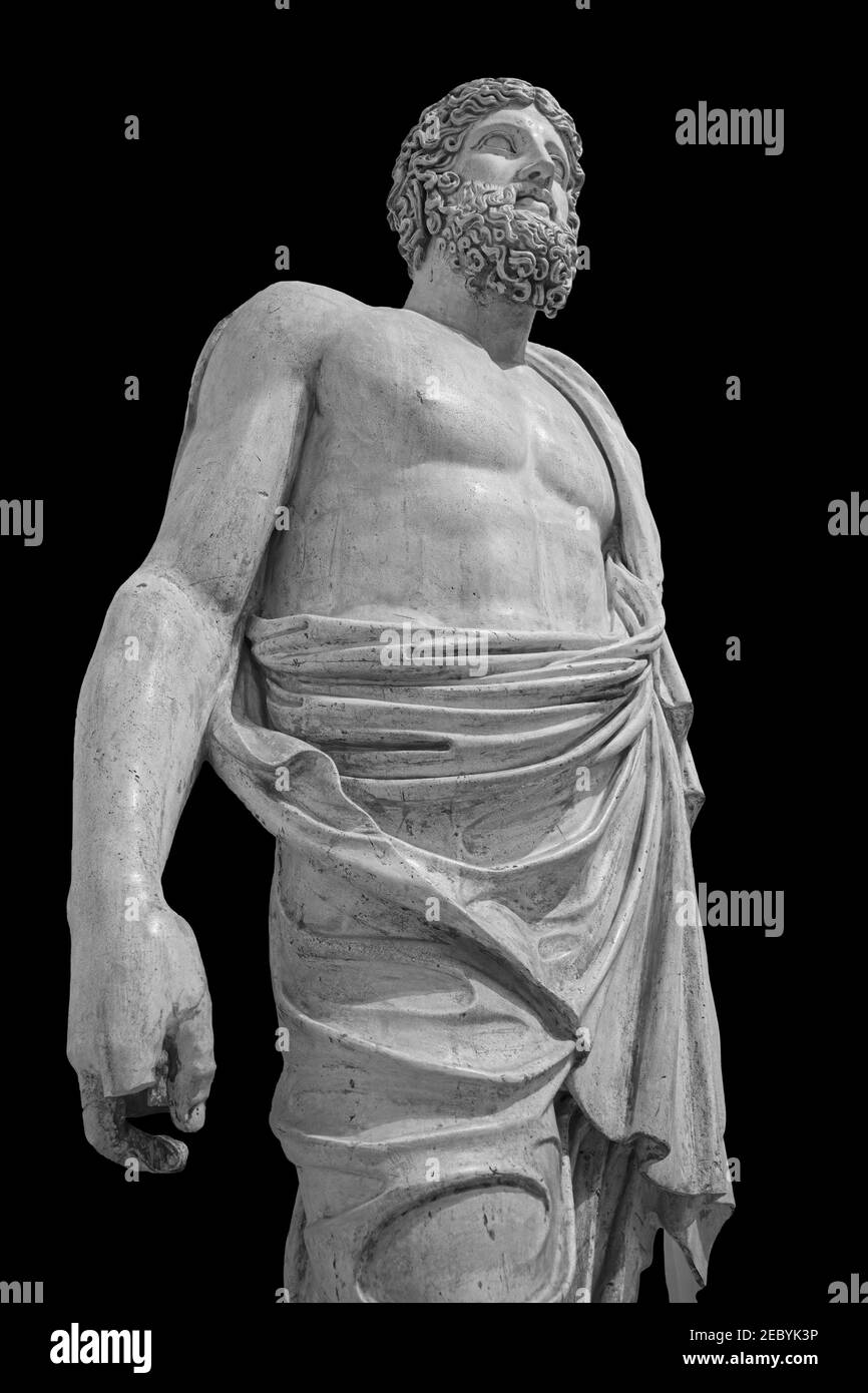 Statue en marbre du dieu grec Zeus isolé sur fond noir. Sculpture antique de l'homme avec la barbe Banque D'Images