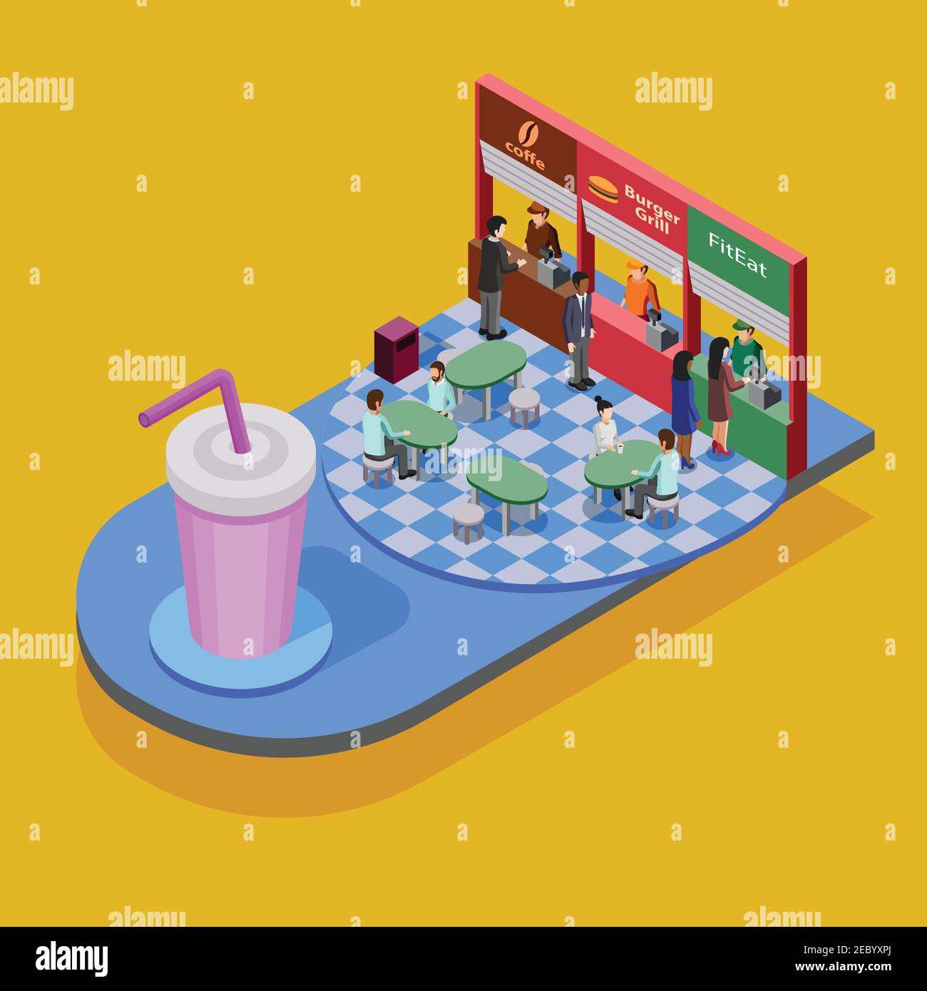 Concept isométrique de restauration rapide avec grand verre et les gens mangeant dans un restaurant de restauration rapide sur fond jaune illustration vectorielle Illustration de Vecteur