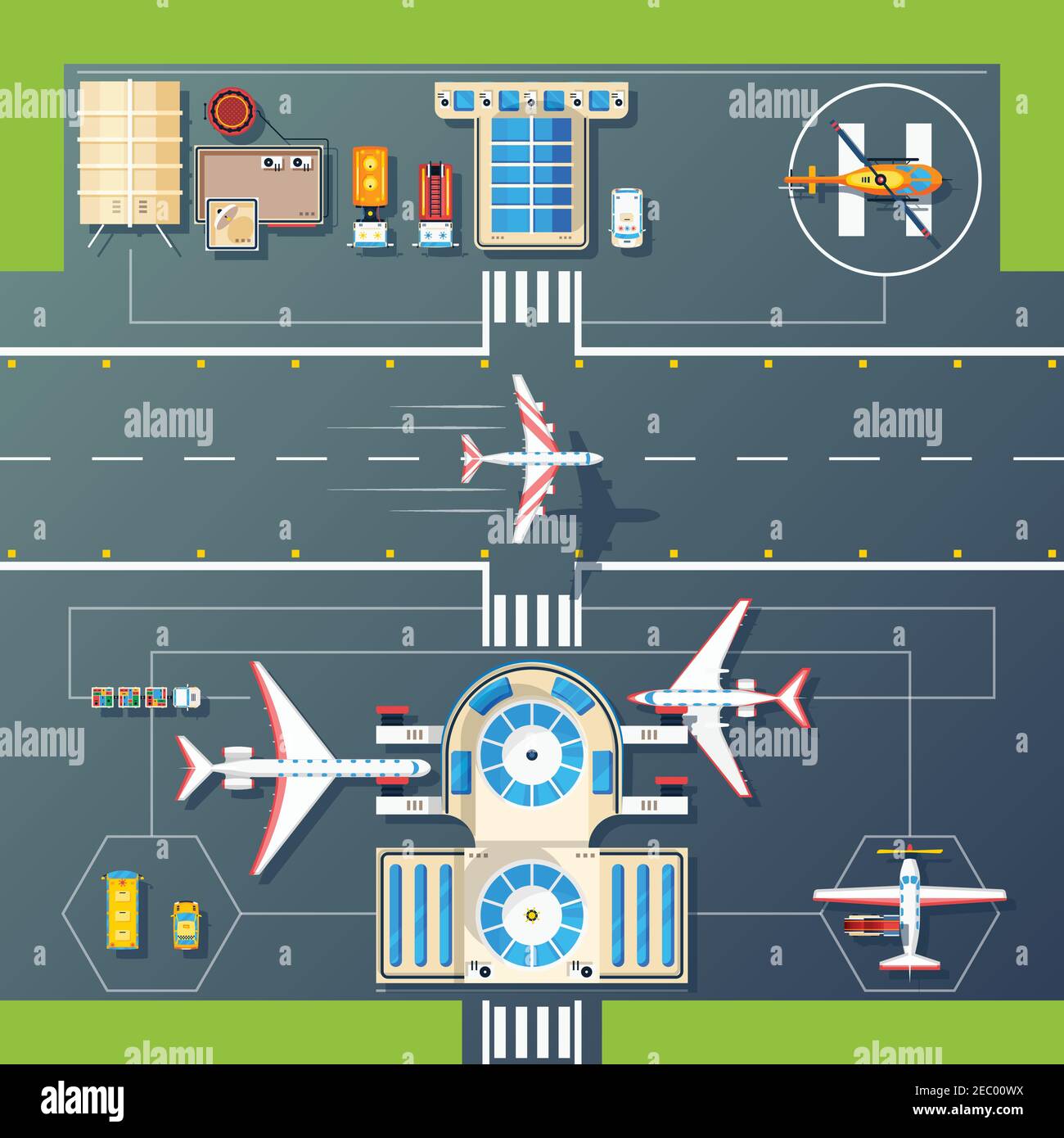 Vue aérienne du dessus des pistes de l'aéroport atterrissages des bâtiments et installations avec avions et illustration de vecteur d'hélicoptère Illustration de Vecteur
