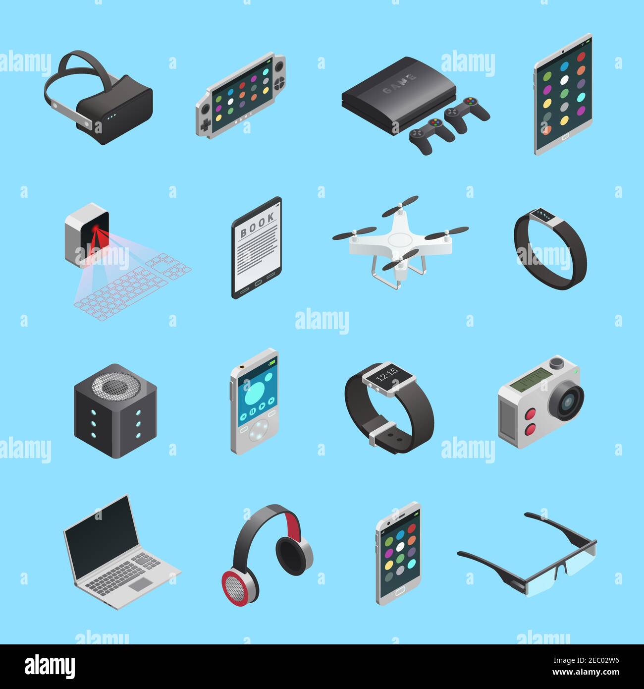 Ensemble d'icônes isométriques de différents gadgets électroniques pour la communication musique photo et autres fonctions illustration vectorielle isolée Illustration de Vecteur