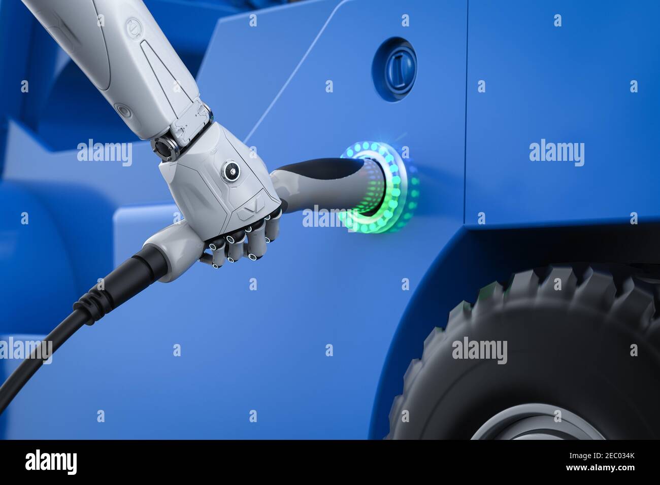 Concept de station de recharge électrique automatique avec main robot de rendu 3d Tenez le chargeur EV Banque D'Images