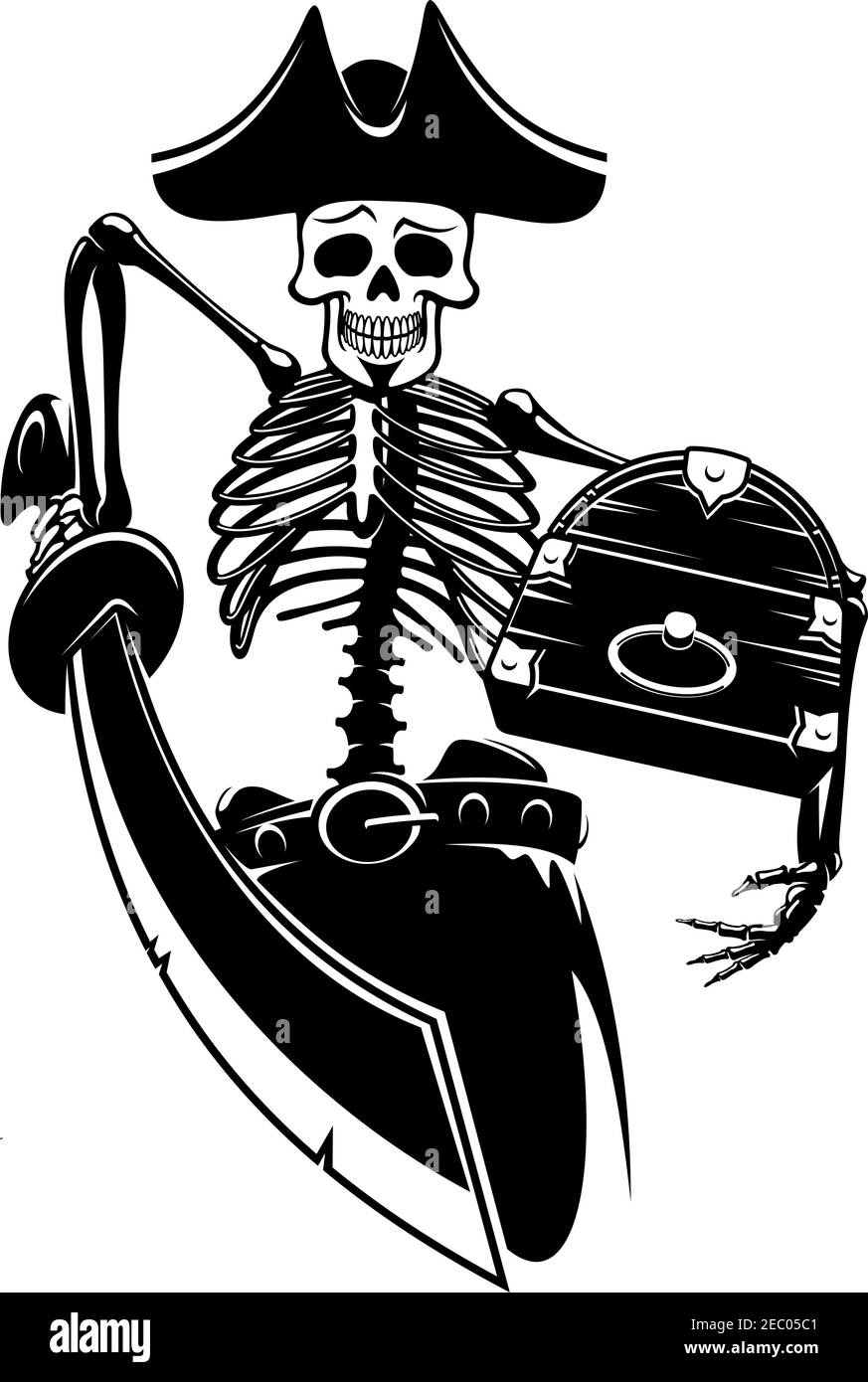 Squelette du capitaine pirate qui garde le coffre du Trésor avec une épée. Pour la piraterie, la mascotte, la marine et le design d'aventure Illustration de Vecteur